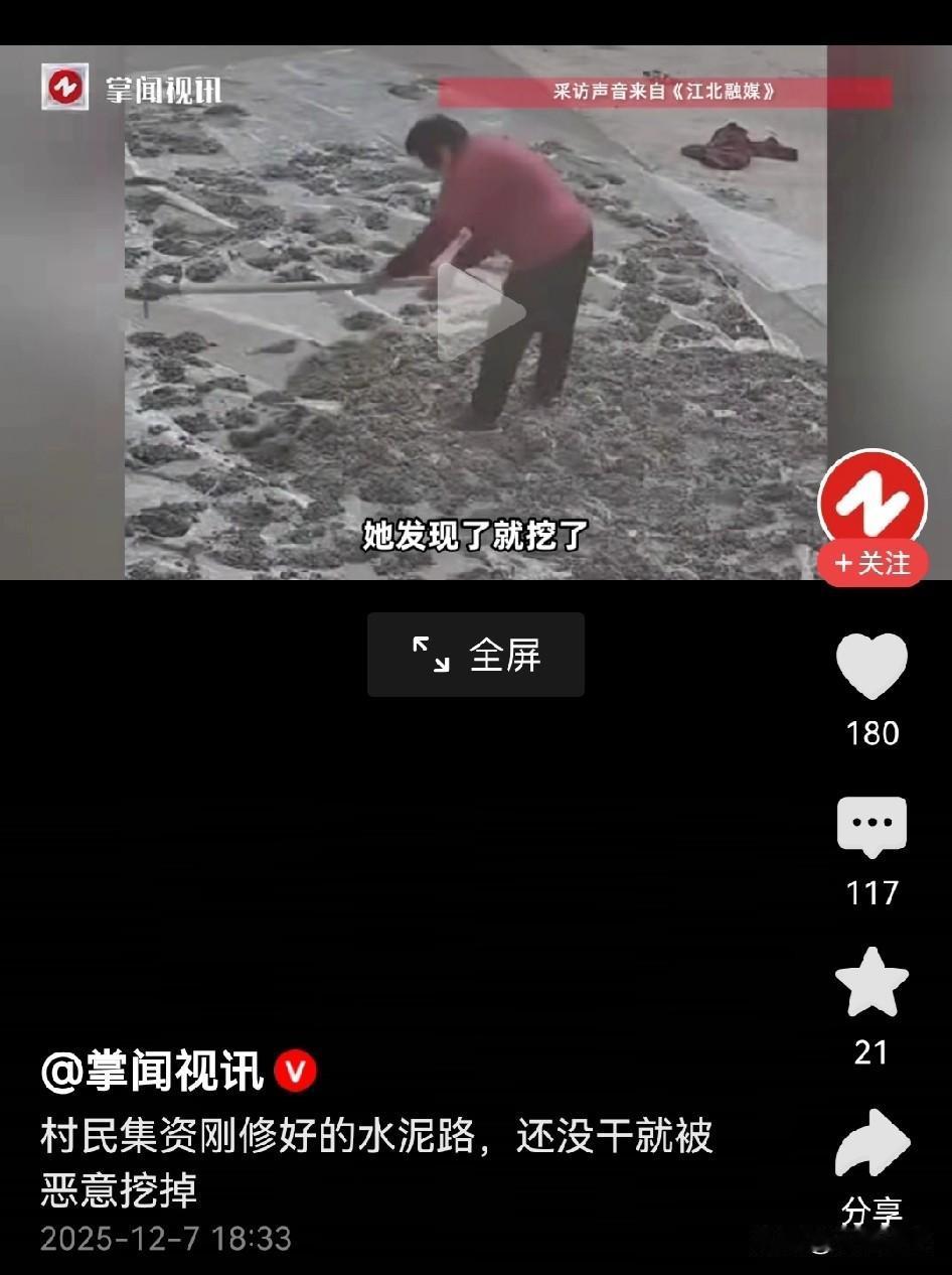 某地村民集资修建的水泥路，还没干就被人恶意挖掉。