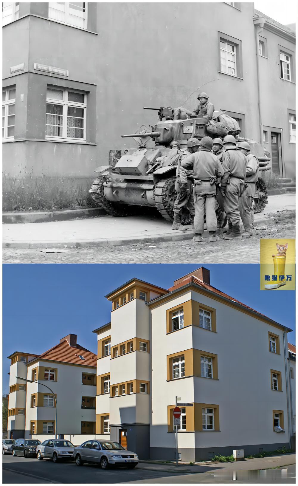 1945年3月，德国科隆，美军第3装甲师的一辆M5A1“斯图亚特”坦克停在一幢小