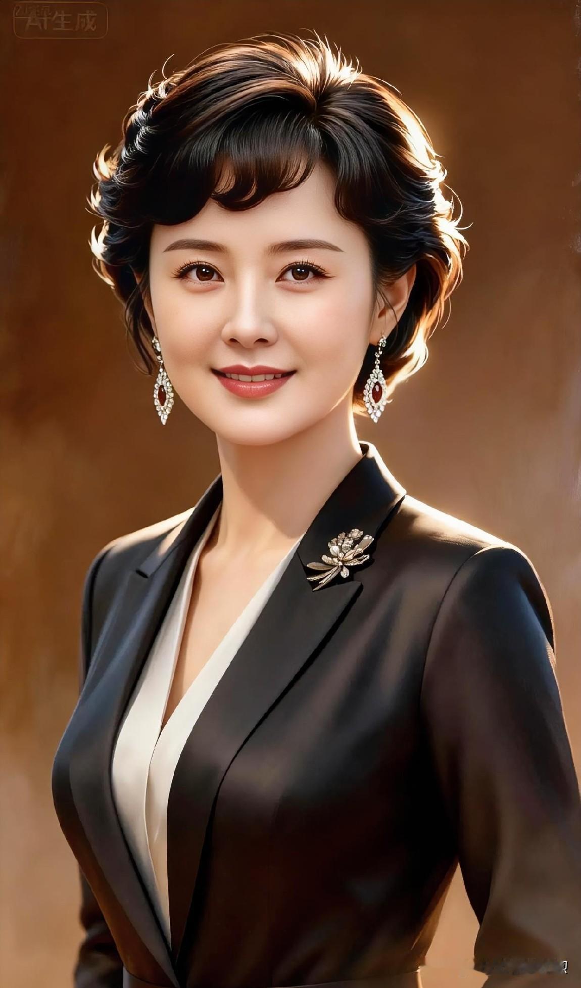 深色西装勾勒干练轮廓，内搭浅色柔化气场。光影流转间，尽显成熟女性的优雅与从容。
