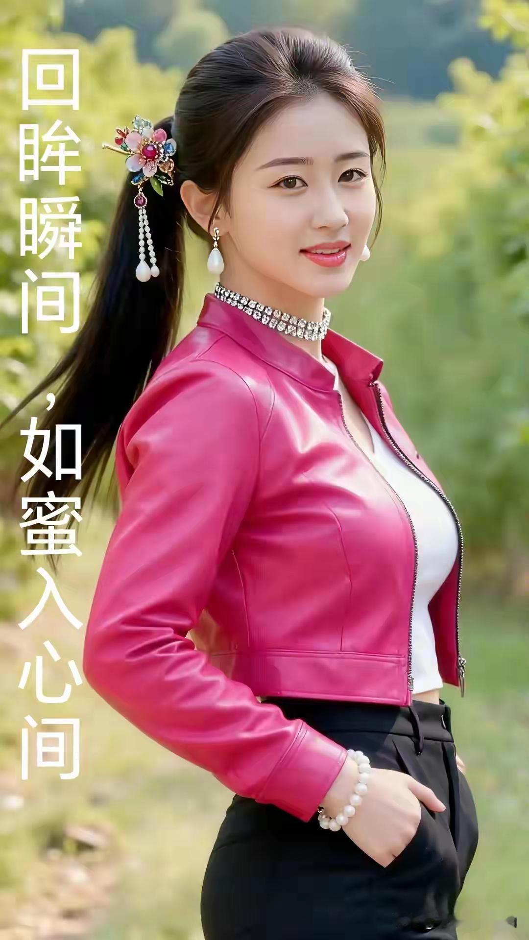 甜美少女风，粉色皮夹克搭配珍珠饰品，回头瞬间如蜜入心间