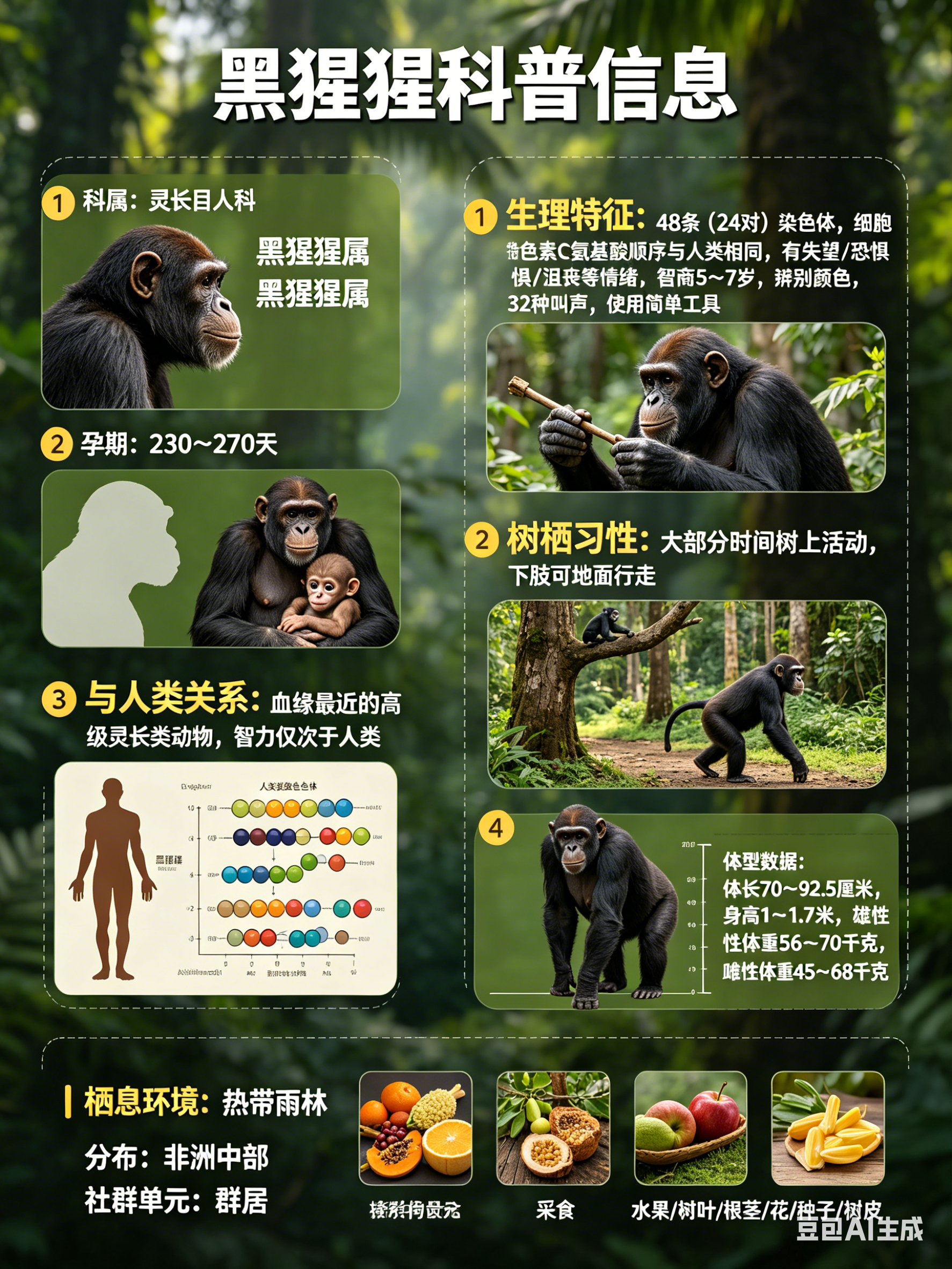 奇妙生物圈 黑猩猩别名：无科属：灵长目人科，黑猩猩属孕期：230～270天黑猩猩
