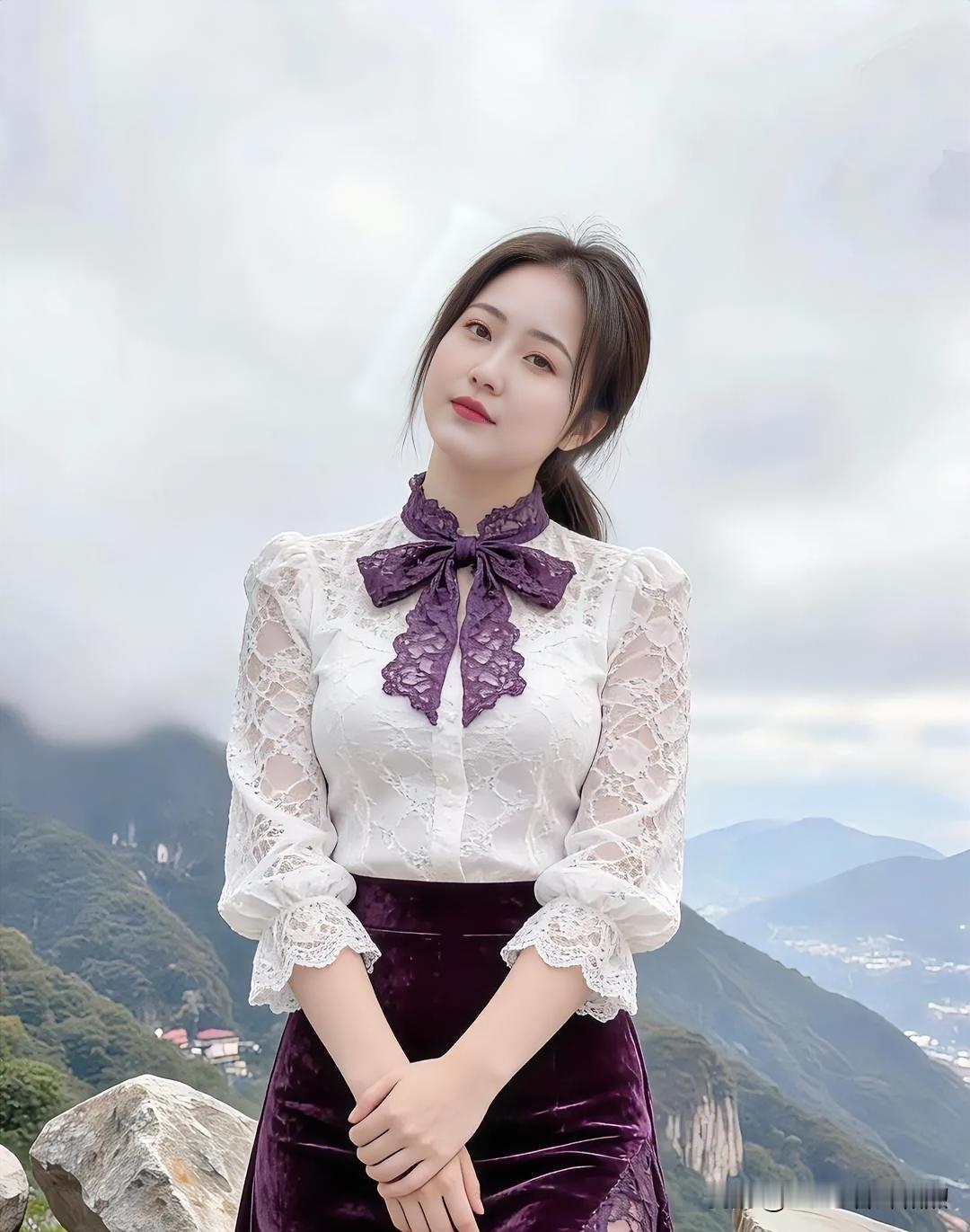 云雾缭绕的山巅，紫衣佳人独立。蕾丝白衫透着轻盈，丝绒长裙沉淀优雅。凝望远方，眉眼