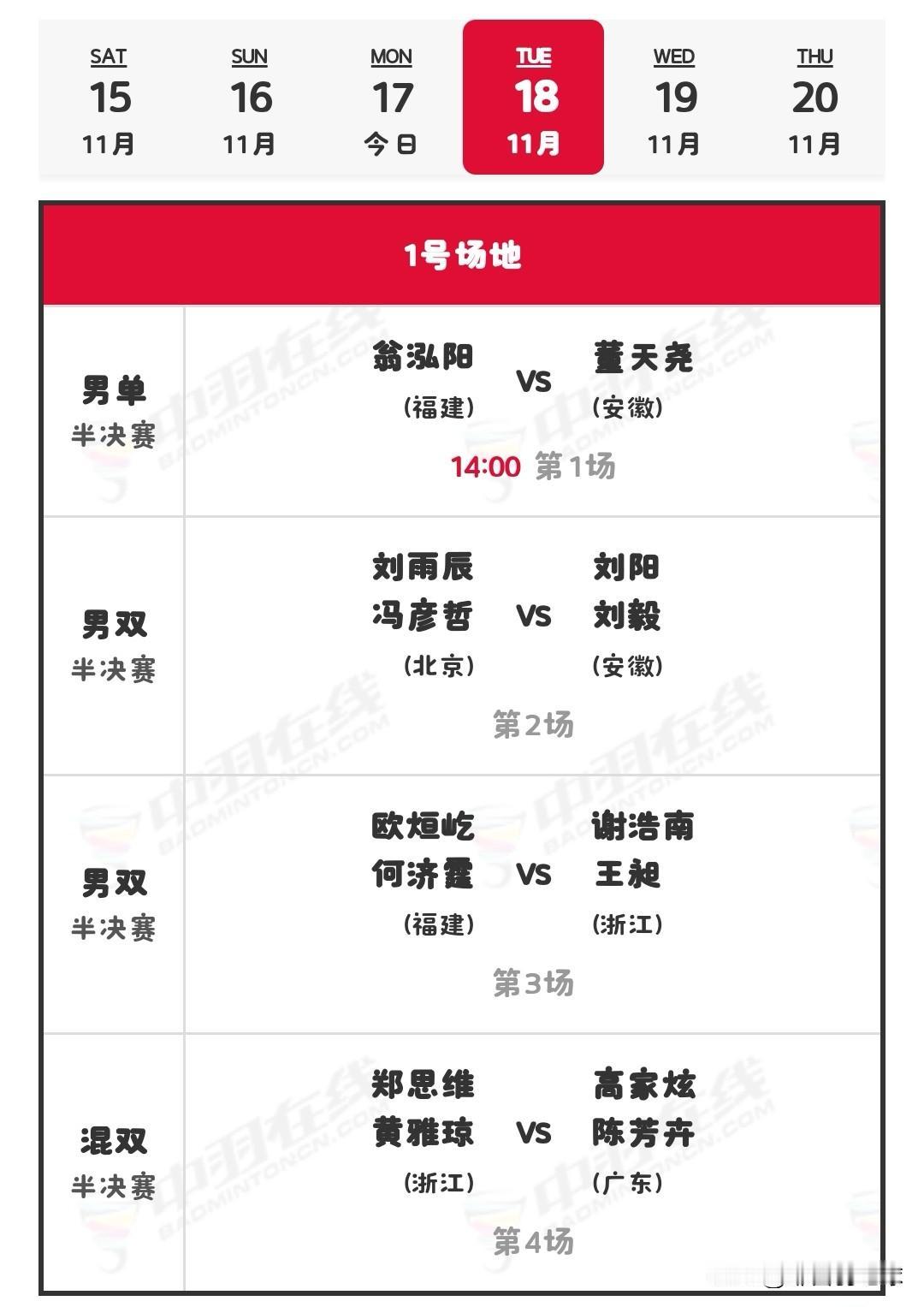 11月18日全运会羽毛球单项赛半决赛对阵安排

今日，1/4决赛已全部收官。石宇