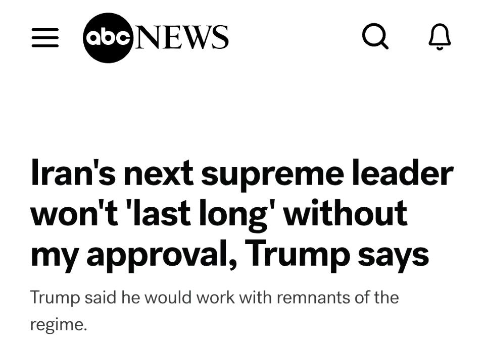 特朗普威胁称，伊朗新任最高领袖若没有他的认可“不会长久”。 ​​​