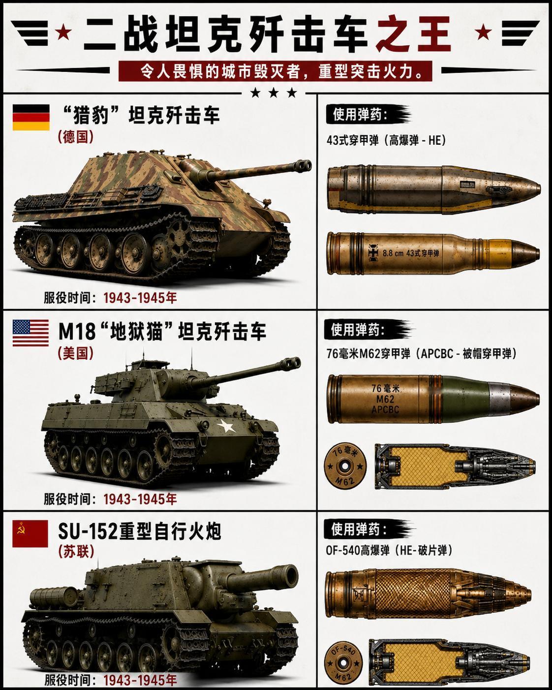 1943-1945年，德美苏三国各推出了自己的“坦克歼击车王牌”，从战术定位到毁