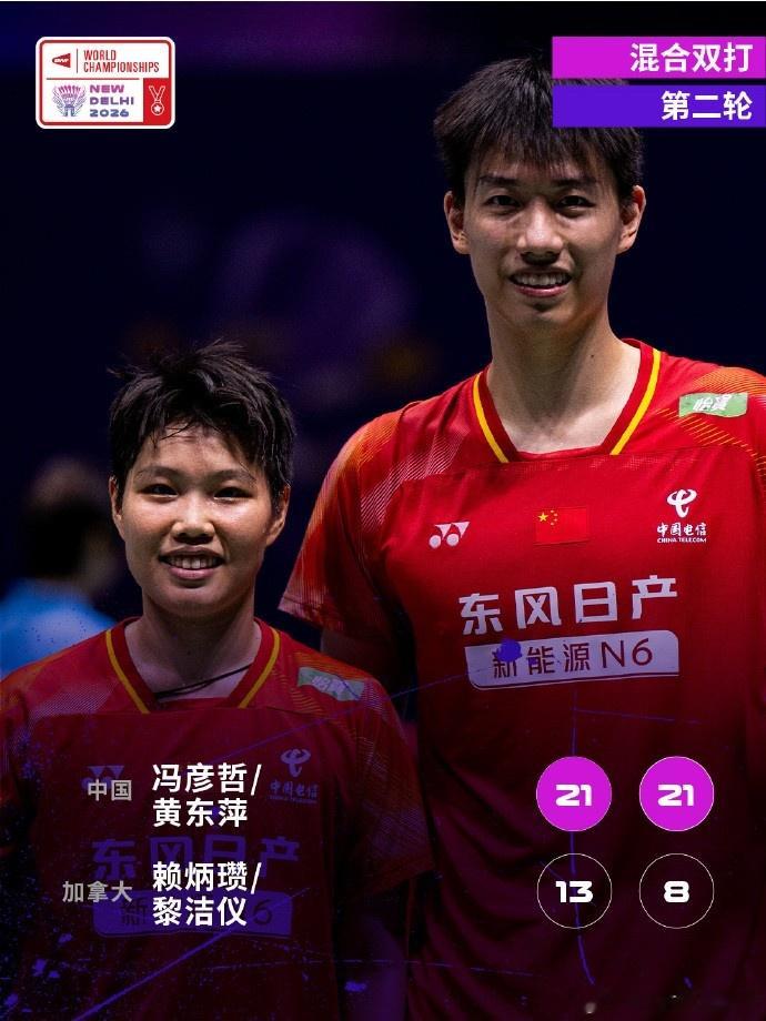 冯彦哲/黄东萍2-0战胜加拿大组合，晋级羽毛球世锦赛混双16强