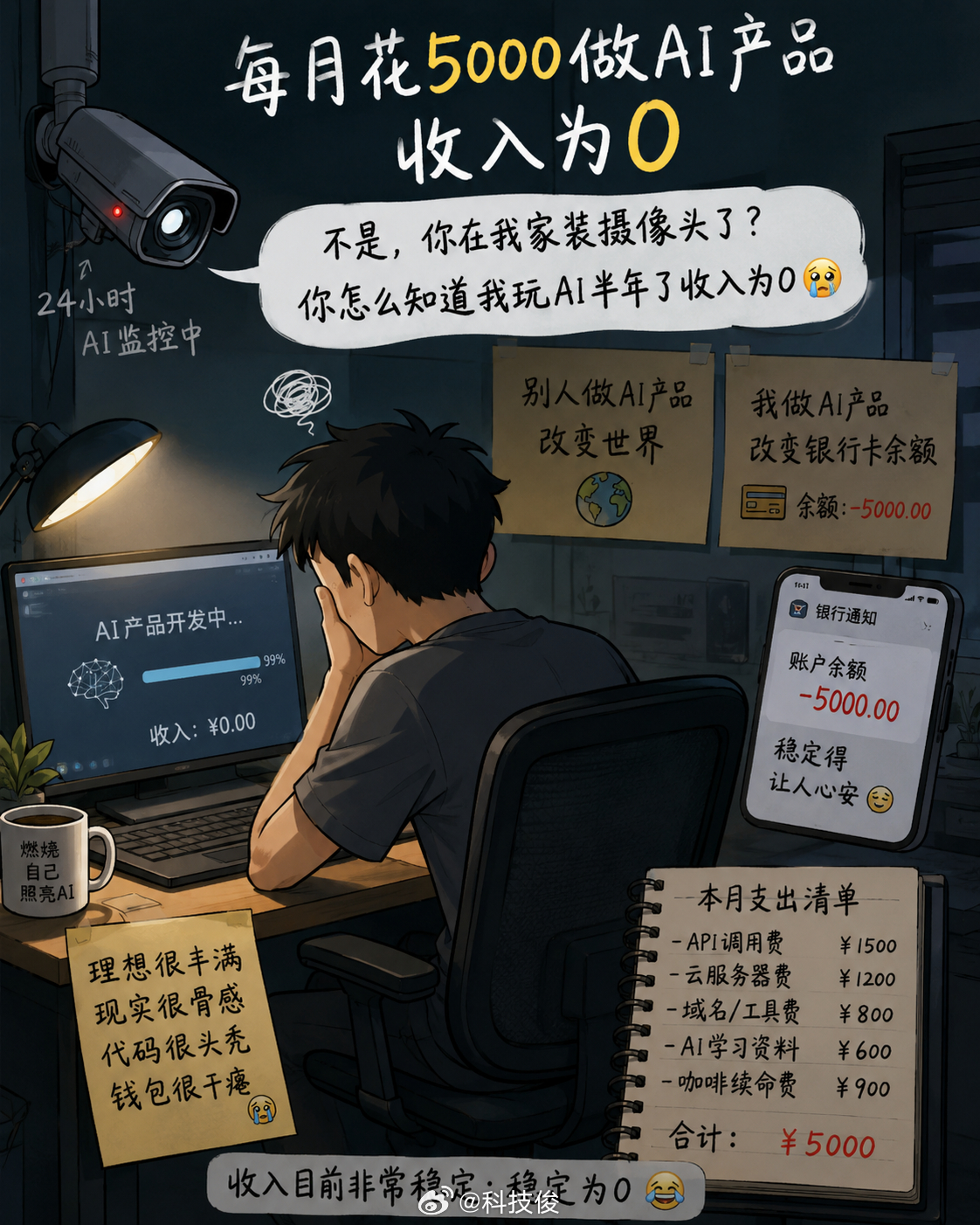 每月花5000做AI产品收入为零不是，你在我家装摄像头了？你怎么知道我玩AI半年