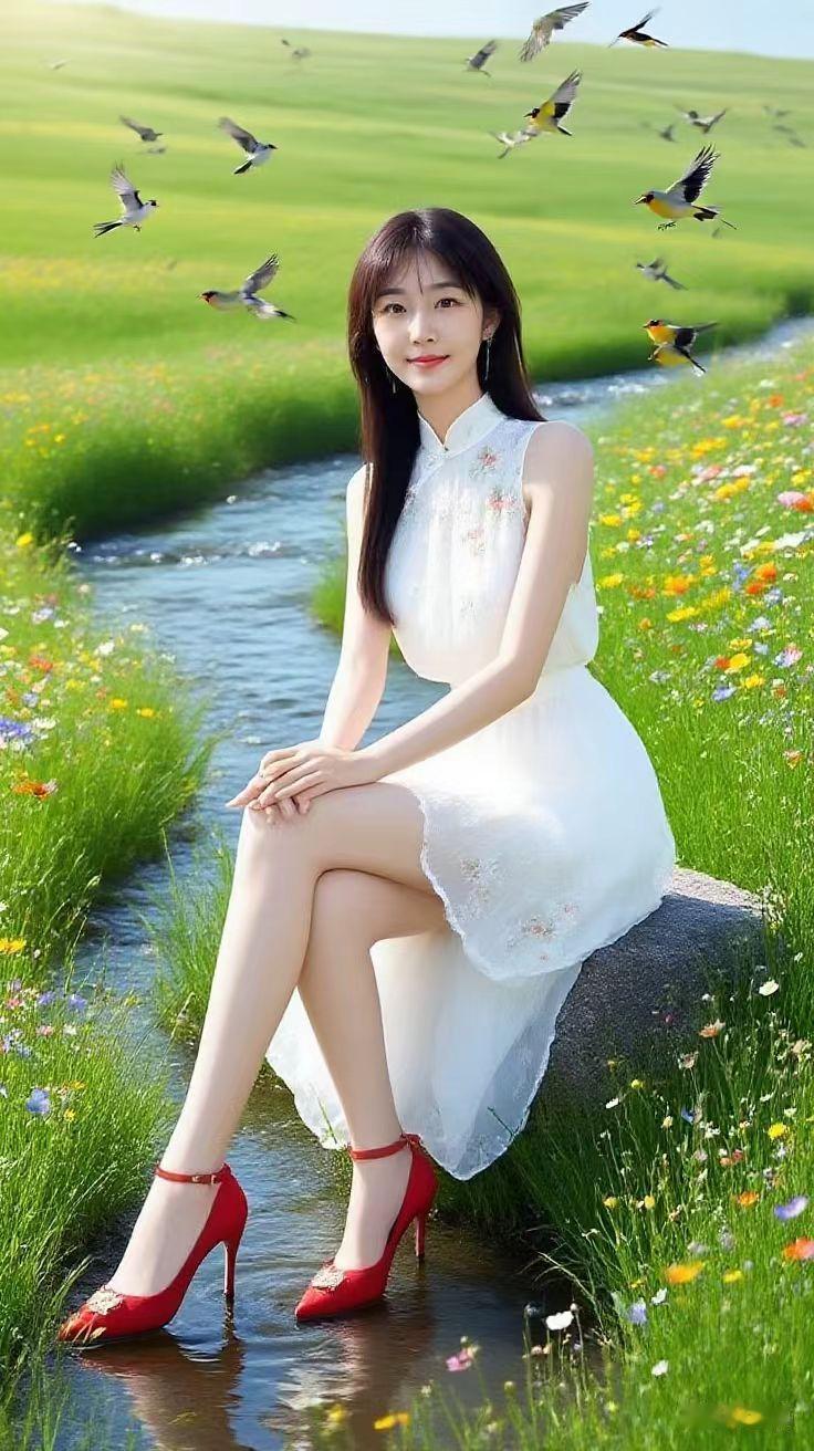 白裙红鞋配野花，溪边小鸟绕身旁，春风拂面笑盈盈，美景绘出这帧治愈系仙境。