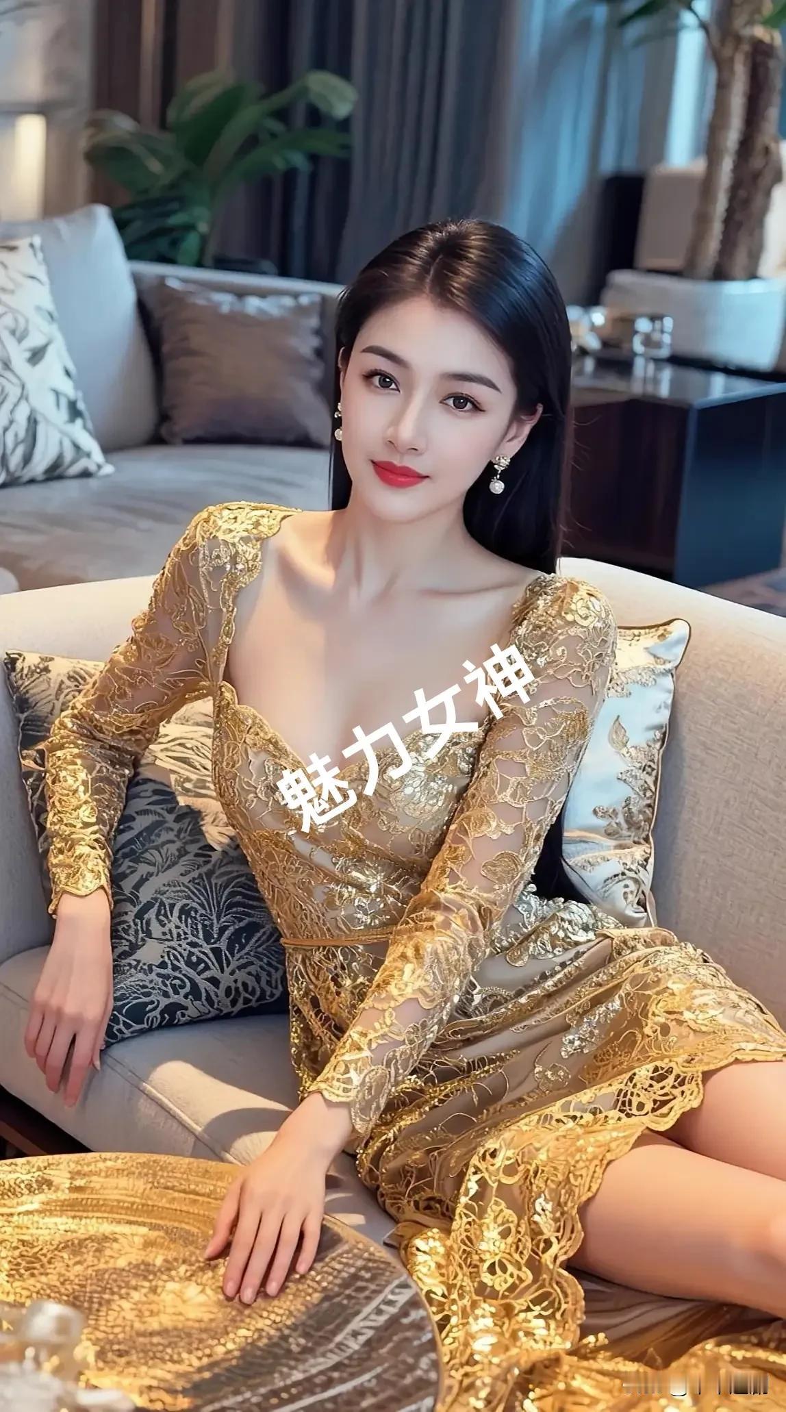 金裙织满流光的艳，珍珠坠在笑边轻晃。裙摆落处，连沙发的纹路都浸了点贵气的暖。
 