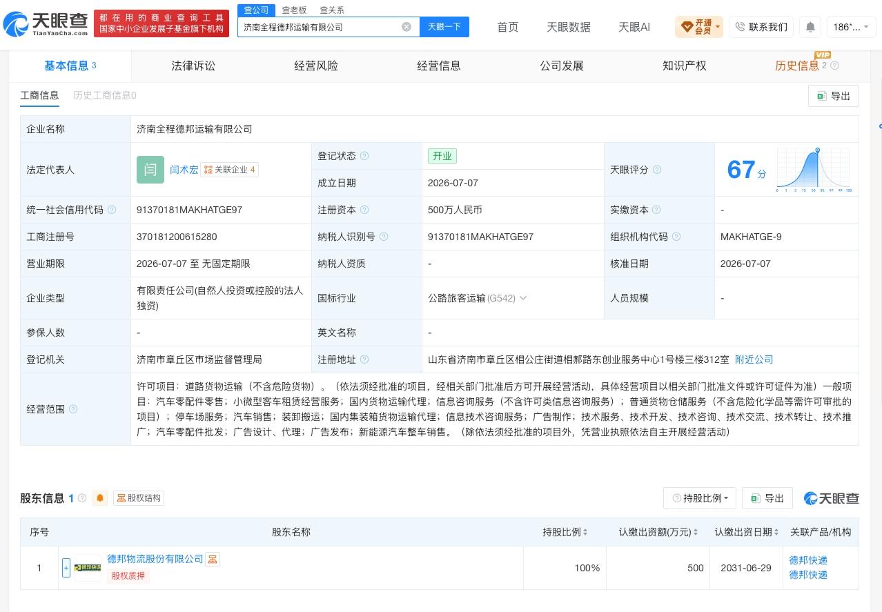 德邦股份在济南成立新公司 注册资本500万
天眼查App显示，近日，济南全程德邦