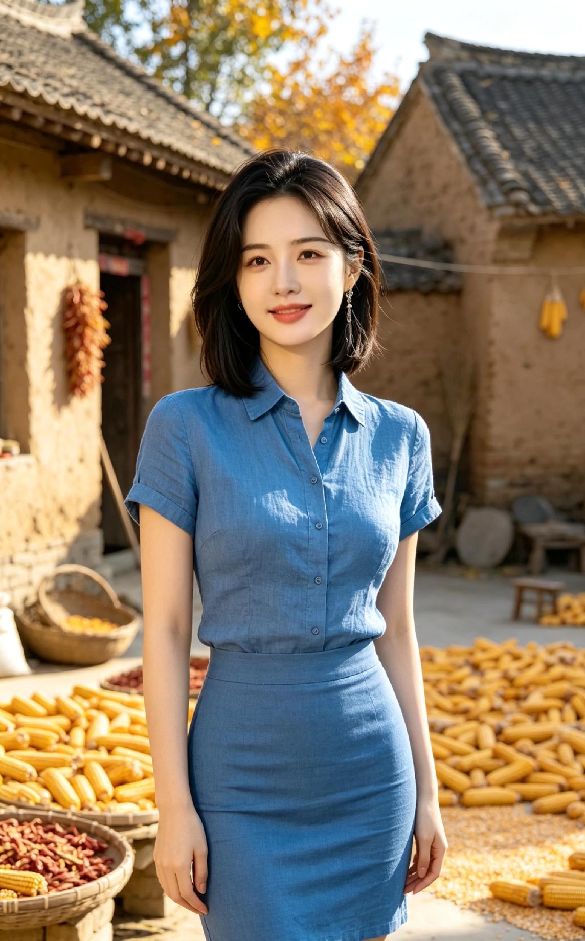 秋日乡村的甜美少女，蓝色连衣裙与丰收的玉米相映成趣。