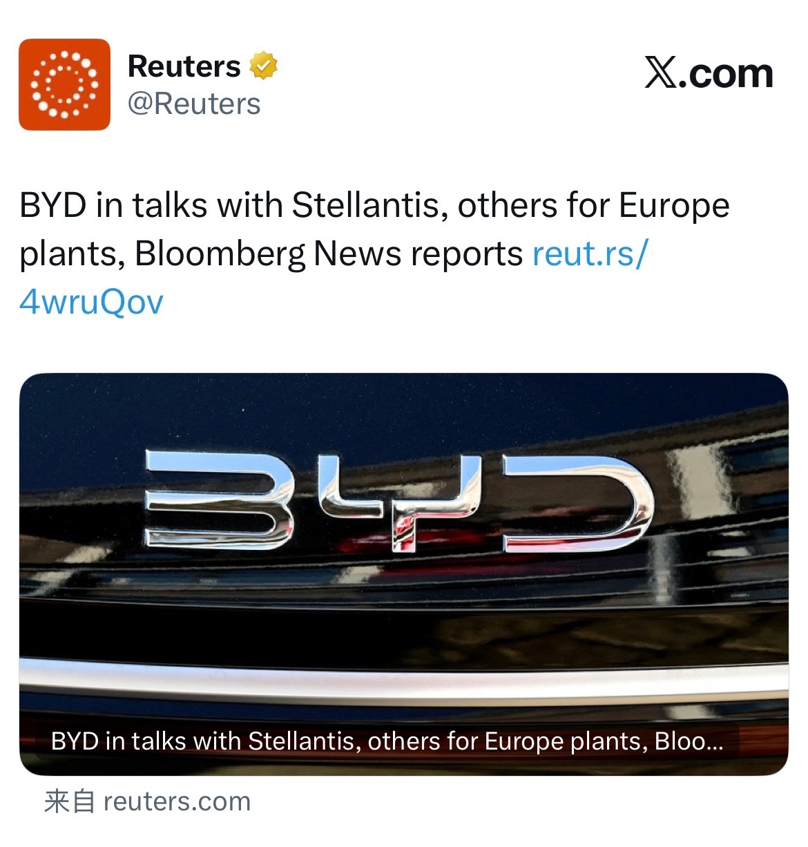 比亚迪与Stellantis洽谈欧洲工厂合作 据彭博社报道，比亚迪正在与Stel