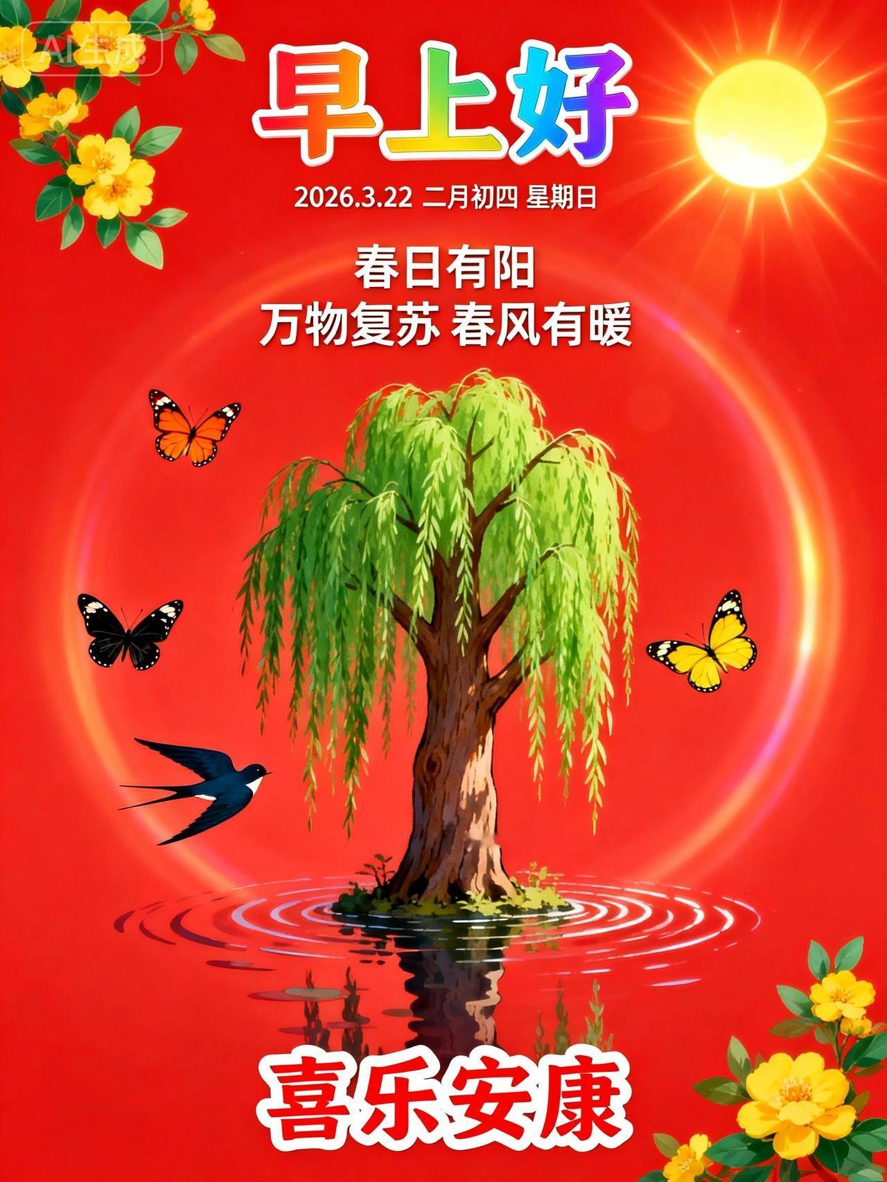 二月春风裁新绿，早安送福与君安。
愿你三餐四季味常甘，岁岁无忧心自宽。