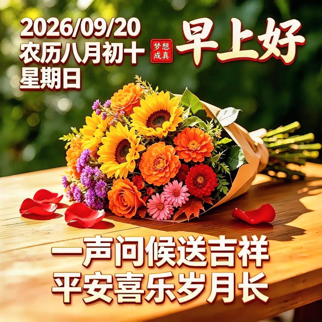 向日葵盛放得热烈耀眼，将满份好运打包赠予你！早安2026/9/20，愿你平安喜乐