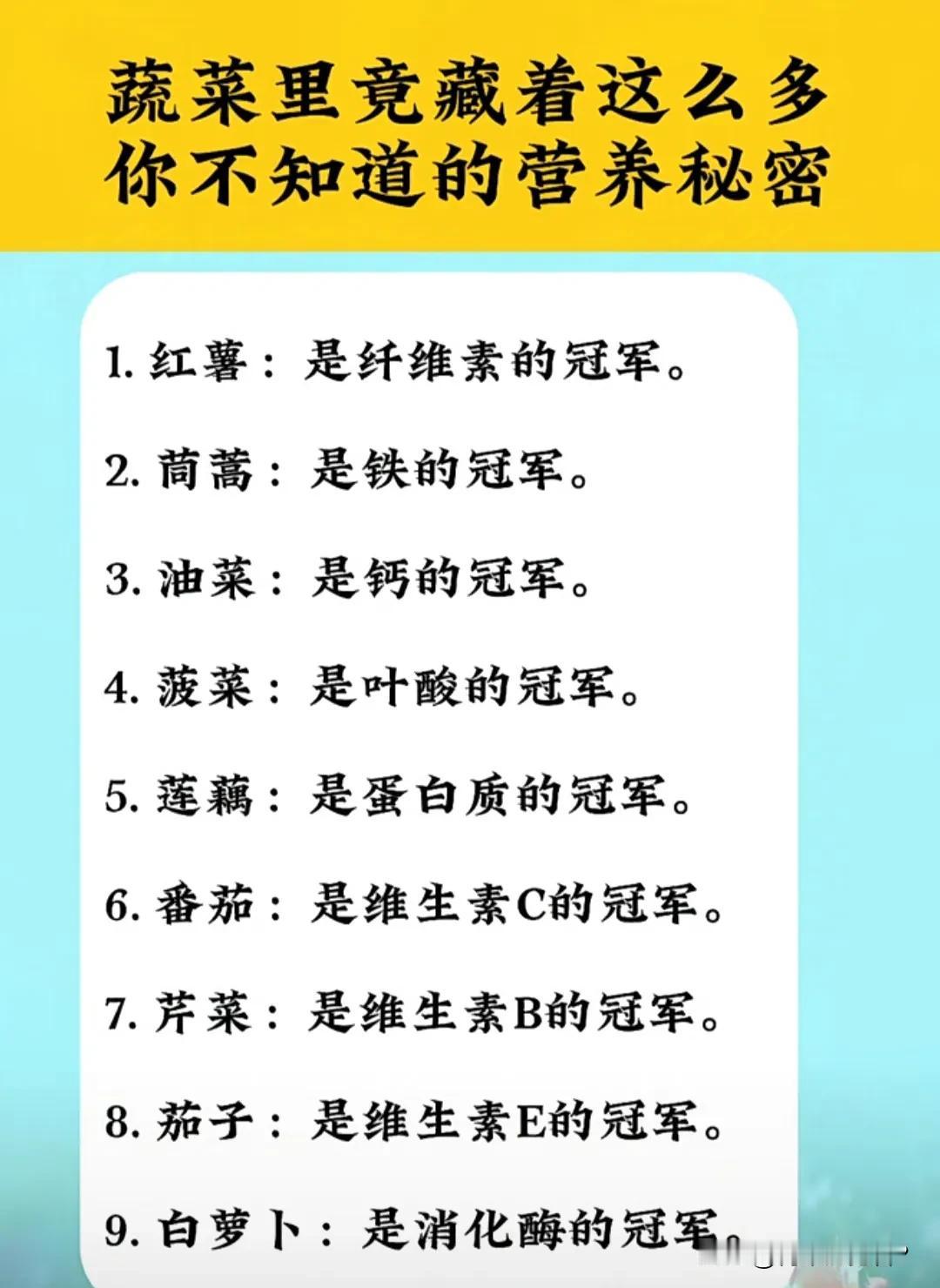 我们如果知道身体缺什么营养元素，就可以通过吃某种蔬菜来补充，让身体更健康。

但