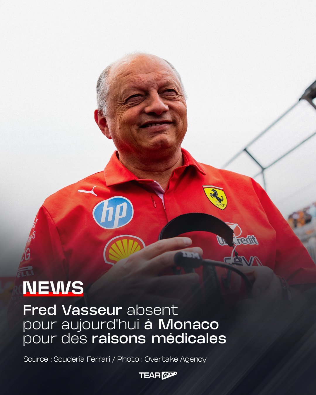 F12026f1摩纳哥大奖赛 瓦塞尔在当地医疗机构留院观察，所以今天不会出现在围