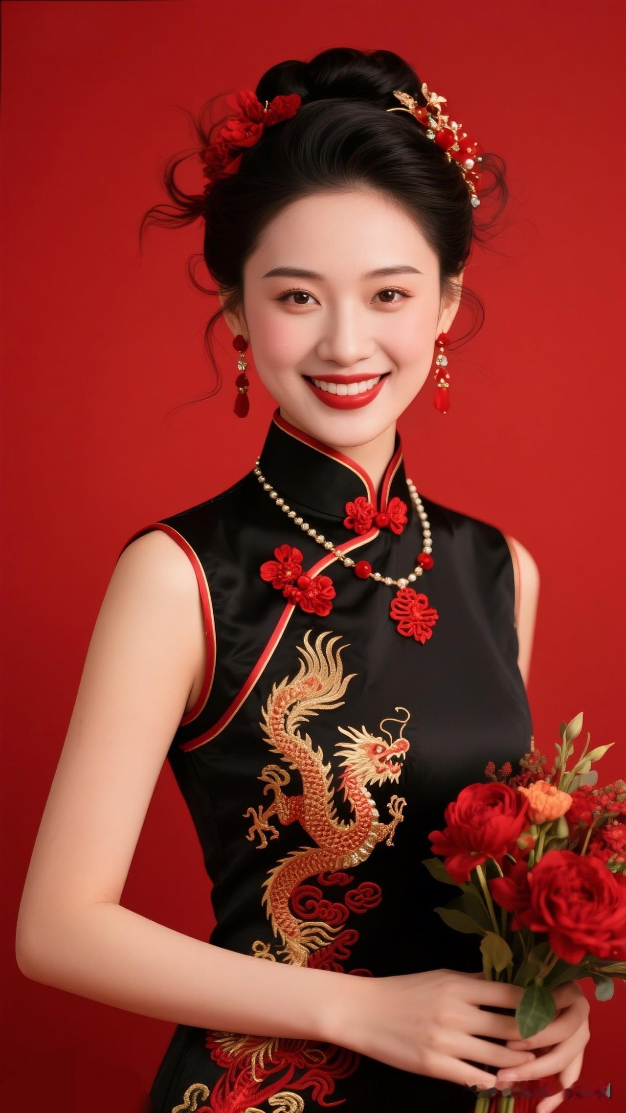 红衣美人与龙凤呈祥，尽显东方韵味！🌸🐉
