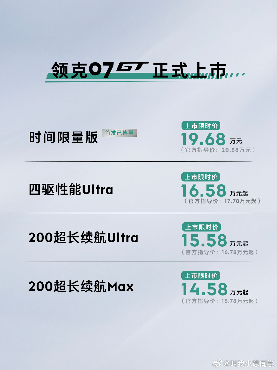 领克07GT这次带来了时间限量版、四驱性能Ultra、200超长续航Ultra、