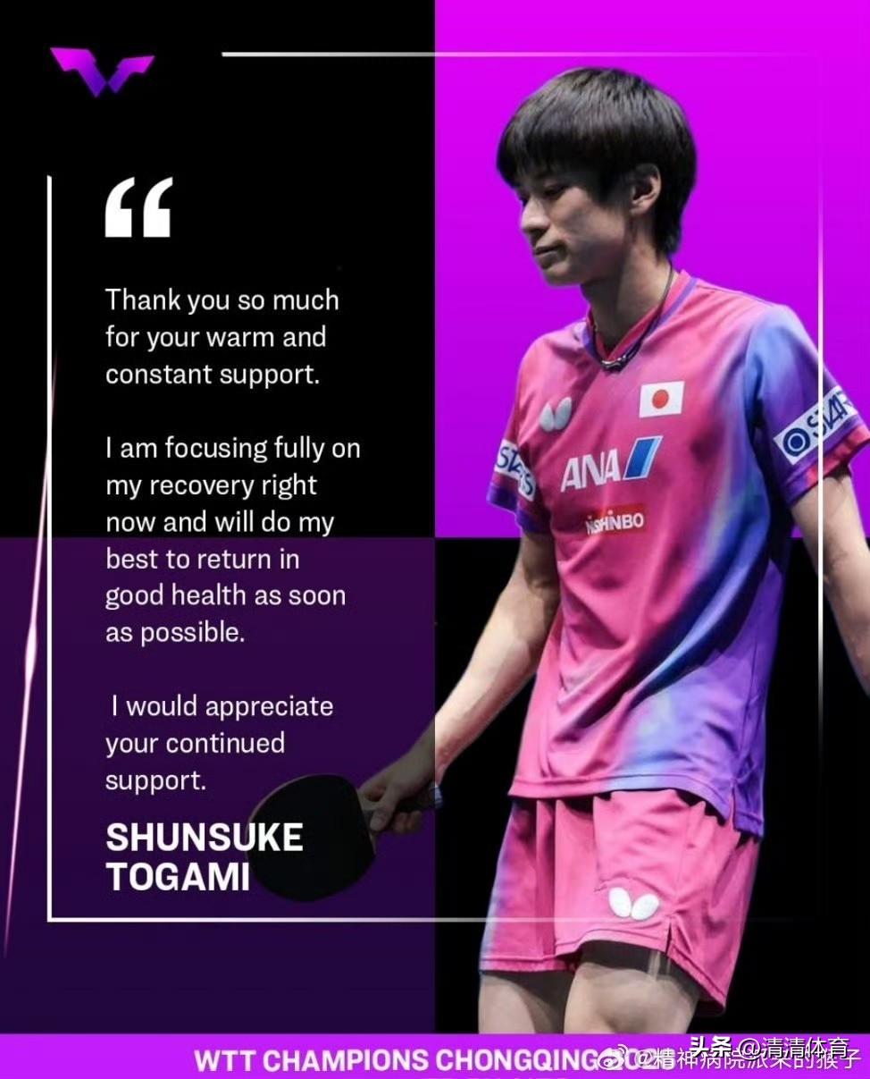 户上隼辅因训练受伤 退出WTT重庆冠军赛
 
日本乒乓球选手户上隼辅所属经纪公司