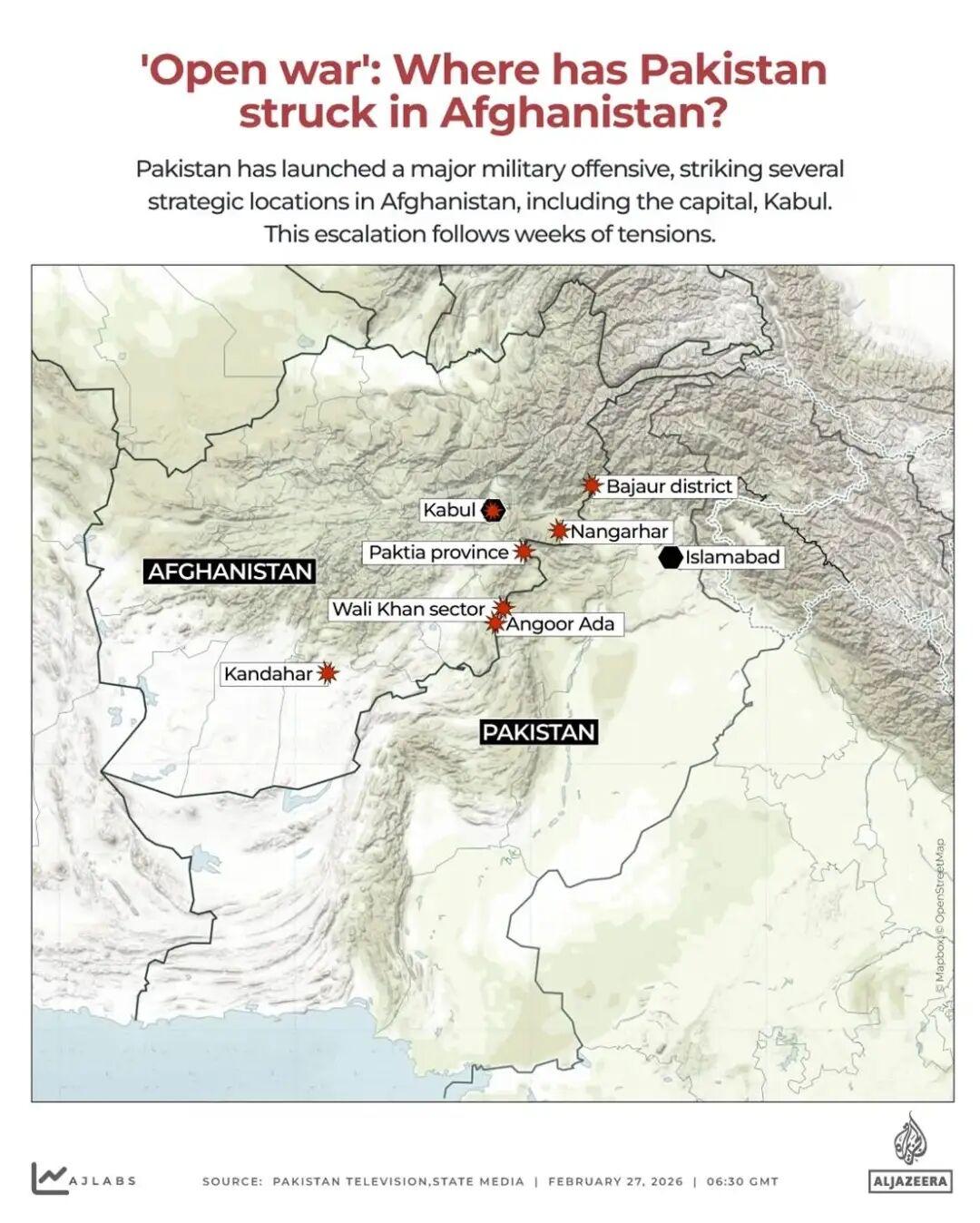 巴基斯坦和阿富汗之间的冲突持续升级数周后，巴基斯坦对阿富汗境内包括首都喀布尔在内