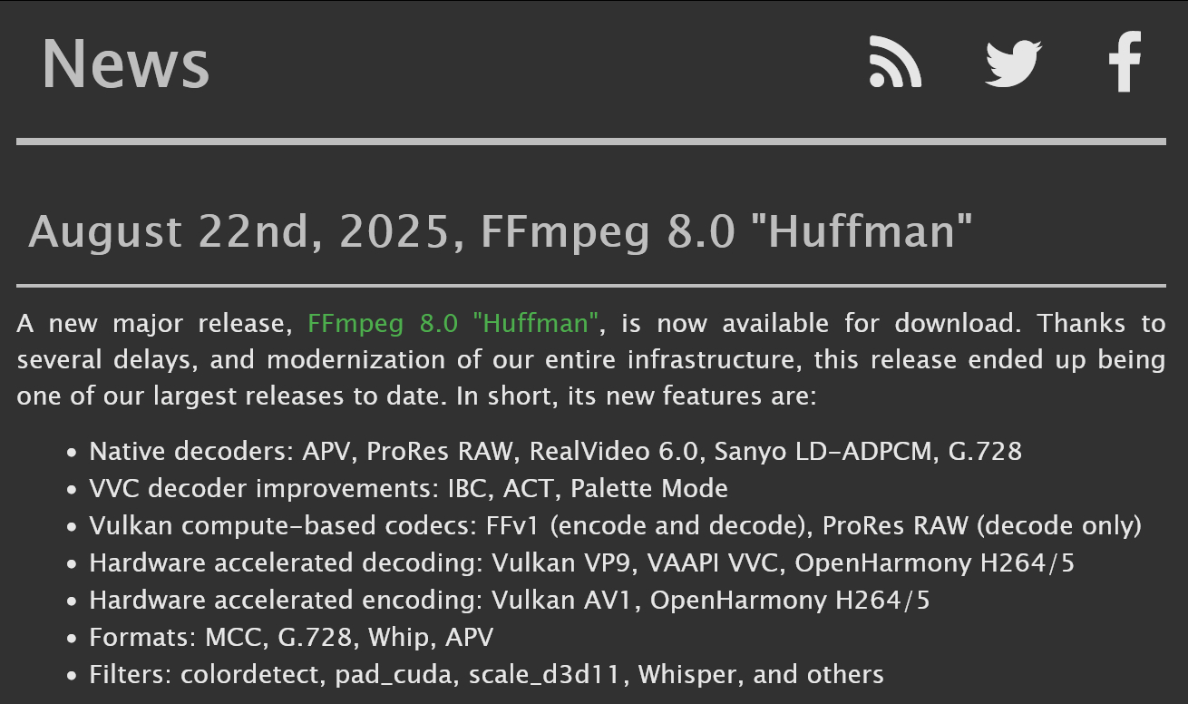 刚发布的FFmpeg 8.0 ，代号是Huffman应该是纪念大卫·霍夫曼，霍夫