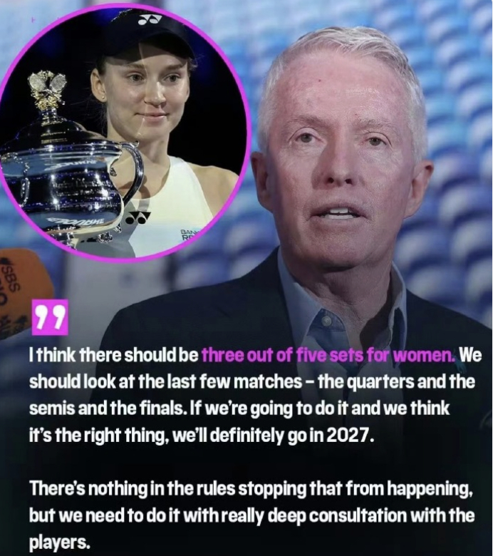 #澳网女子比赛或改为五盘三胜# 澳网赛事总监泰利透露，明年女子比赛的最后阶段有可