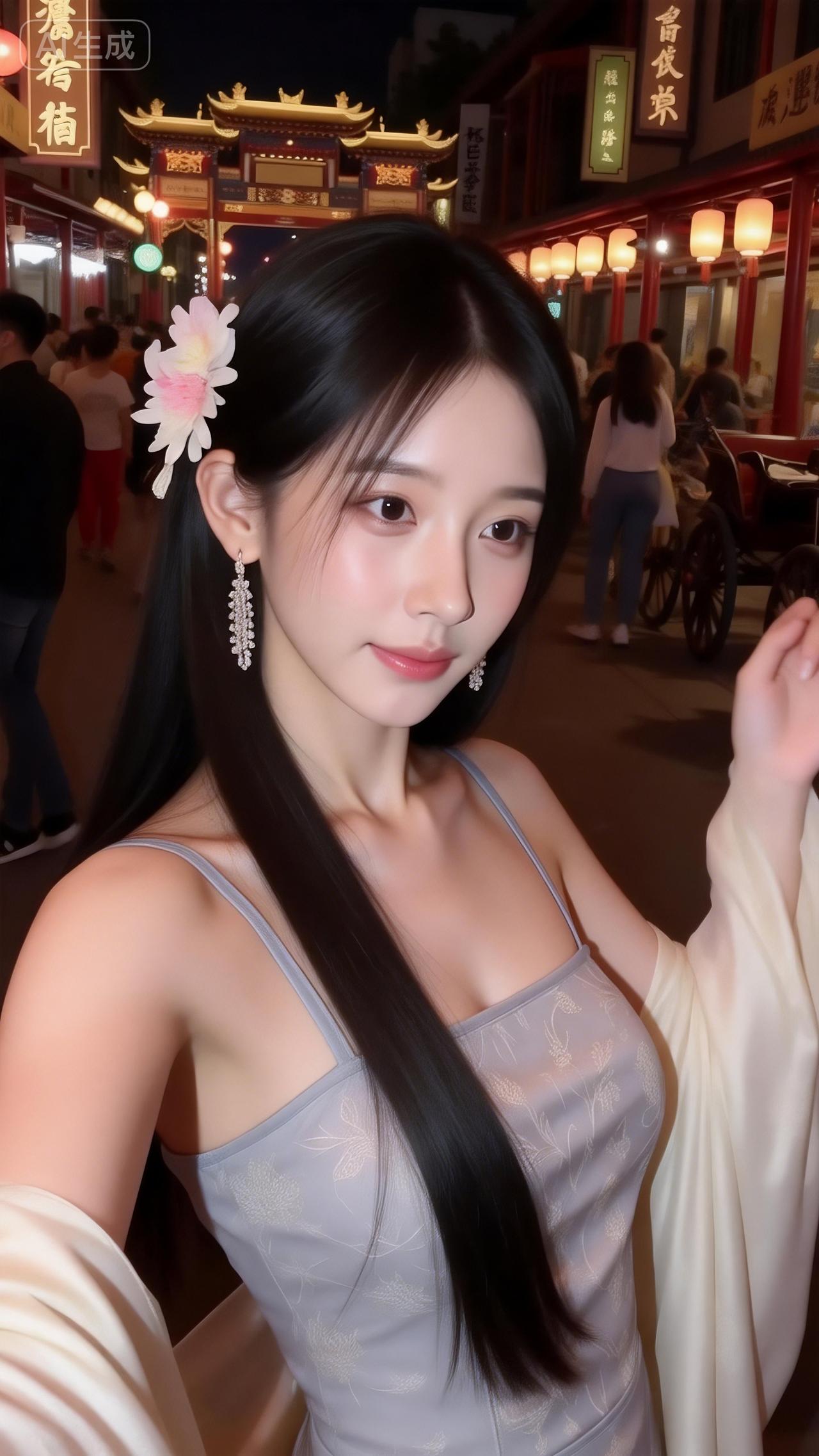 古巷夜色里的国风甜妹
 
灰调吊带衬着暗纹，轻纱外搭添了点柔媚~发间花饰配水晶耳