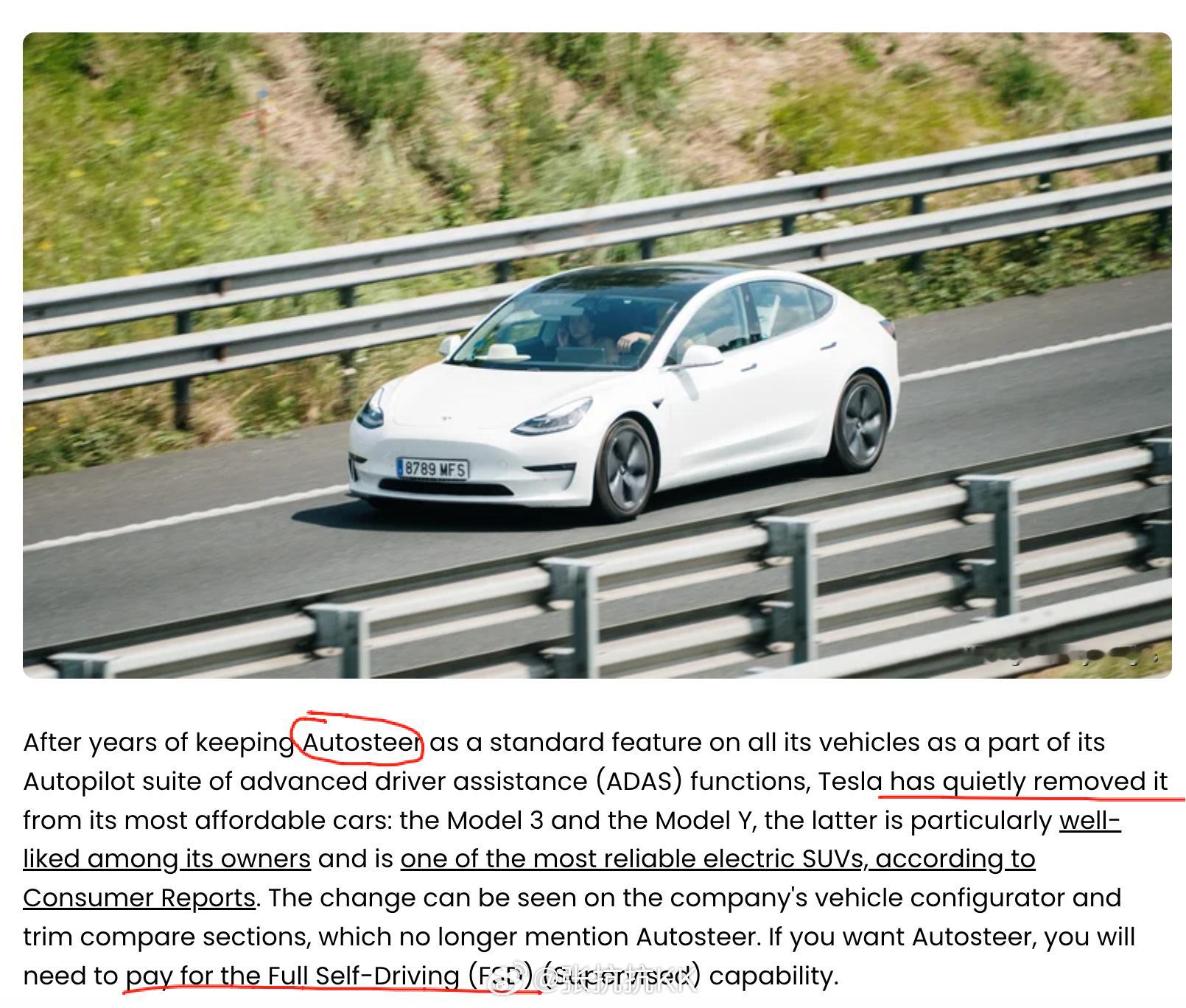 特斯拉，在北美地区不再标配Autosteer功能，但仍标配Traffic-Awa