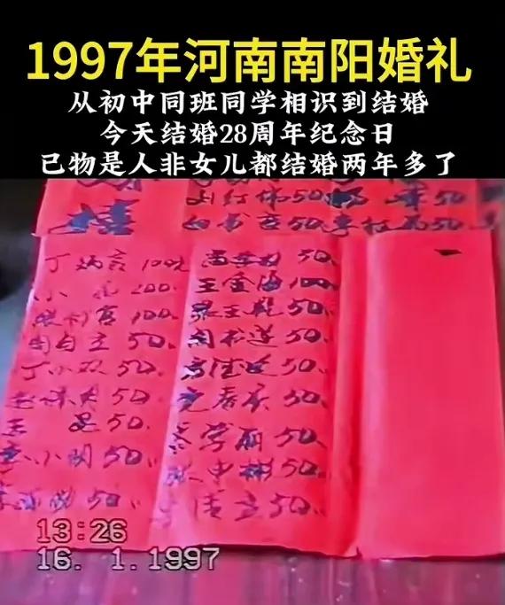 97年我姑结婚时也是这样，
一般亲戚拿50块钱，
村里有来往的一般拿10块钱，