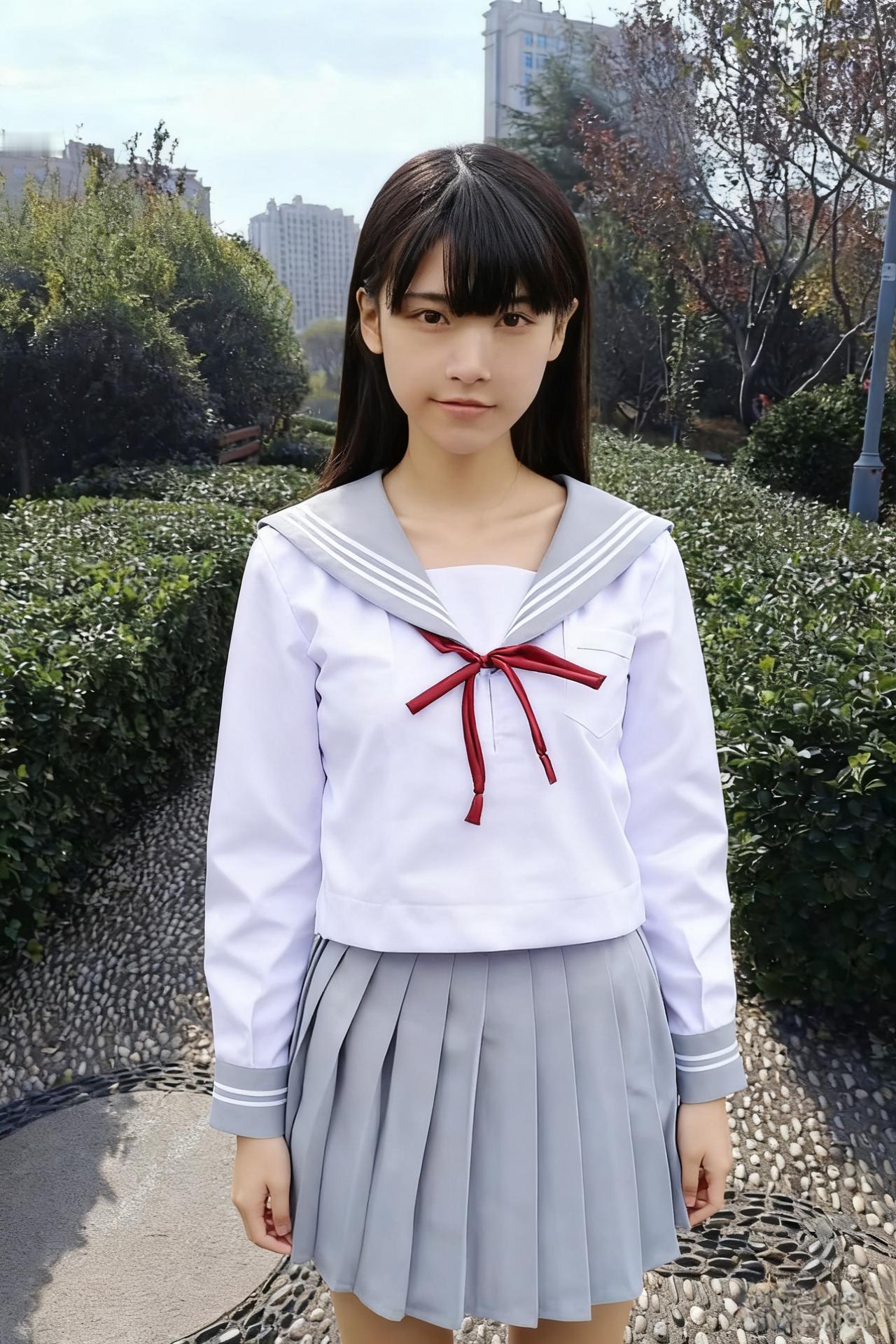 她站在公园的小径，像一个青春符号
白色的水手服，是未染尘埃的梦
红色的领结，是心