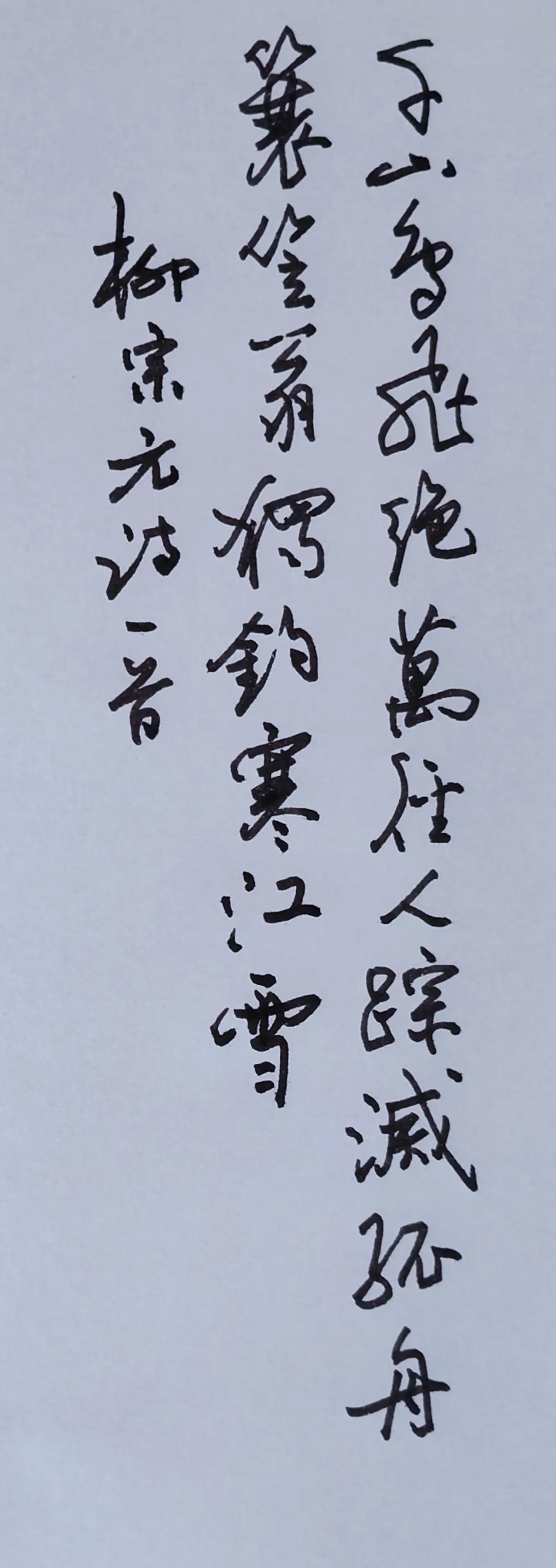 再试新笔。随手写随手发，原汁原味，不加修饰。
释文 柳宗元《江雪》
千山鸟飞绝，