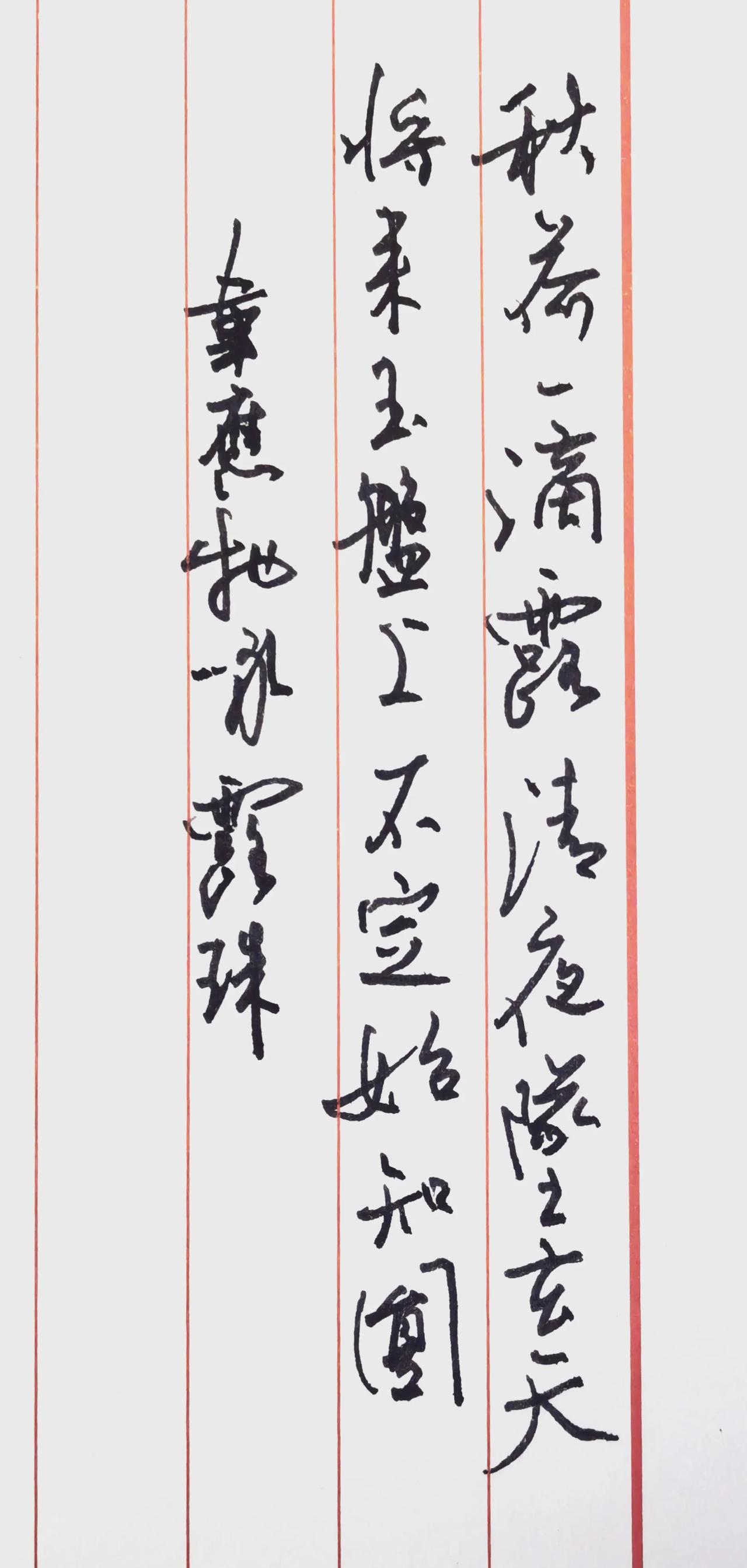 咏露珠
秋荷一滴露，清夜坠玄天。
将来玉盘上，不定始知圆。
钢笔也能写出这个效果