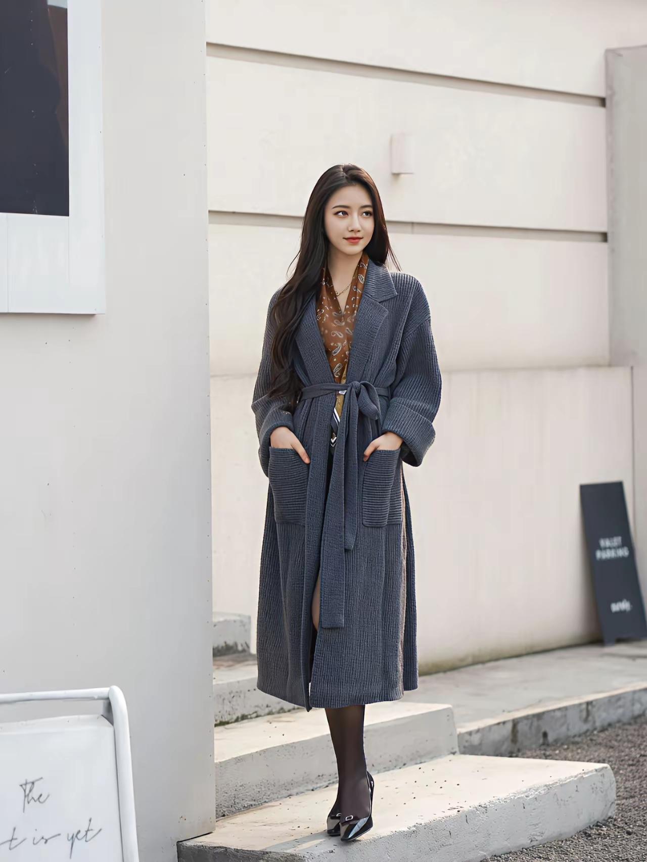 优雅穿搭风格系列/长发飘飘的模特麻豆，身穿优雅长外套，配上黑丝小皮鞋，气质拉满，