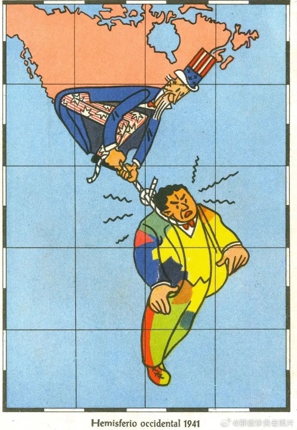 二战时期西班牙海报，海报展示了山姆大叔（象征美国）用绳子拴住一个五颜六色的男人（