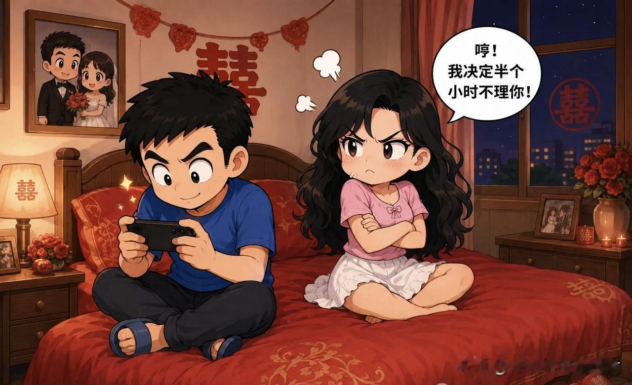 趣味漫画：新婚夜男子没搭理老婆，老婆：哼！我决定半个小时不理你！男子：我不介意久