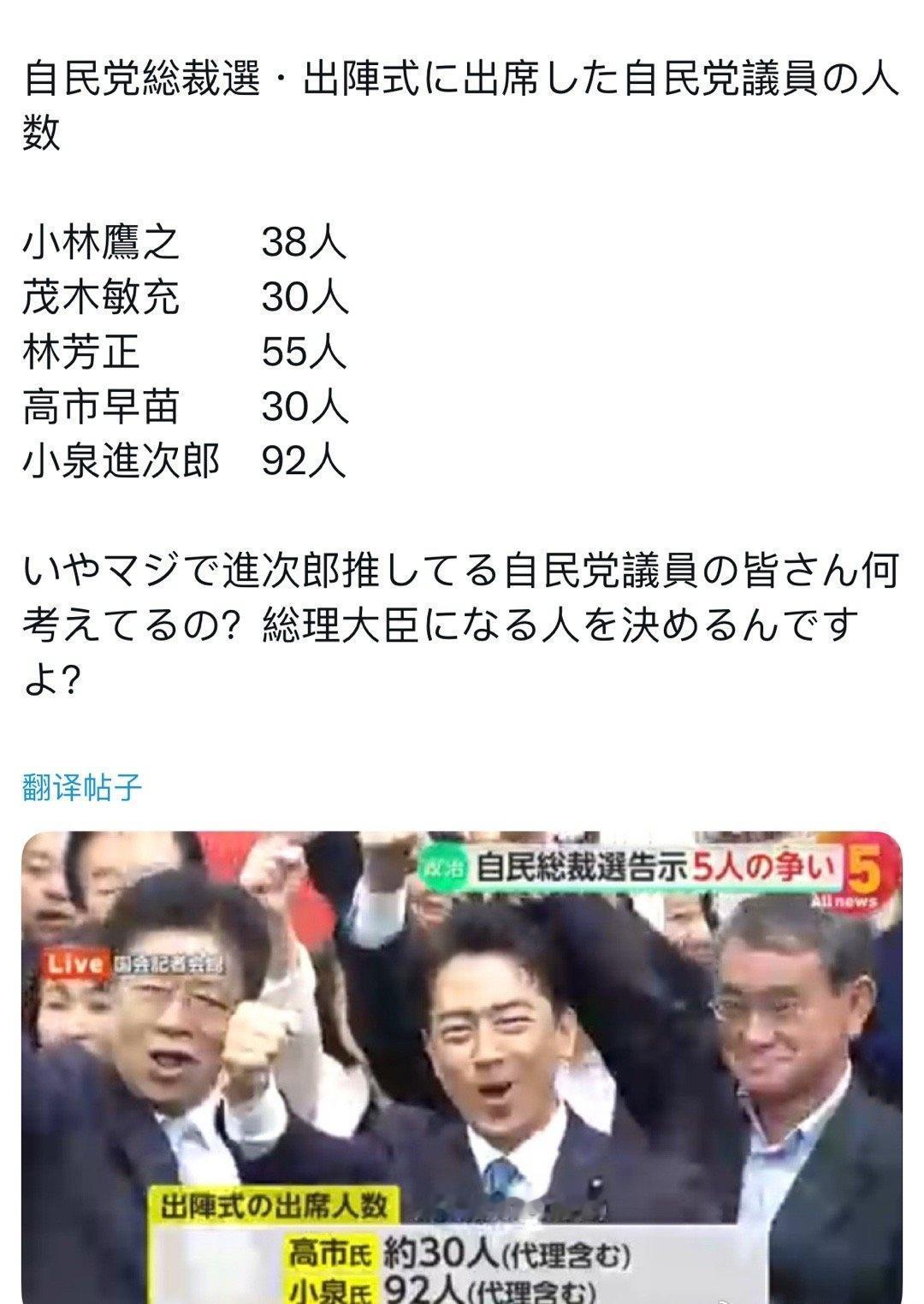 【総裁選】22日，自民党总裁选出阵仪式的参加人数，如图。
小小泉团队自己对外说的