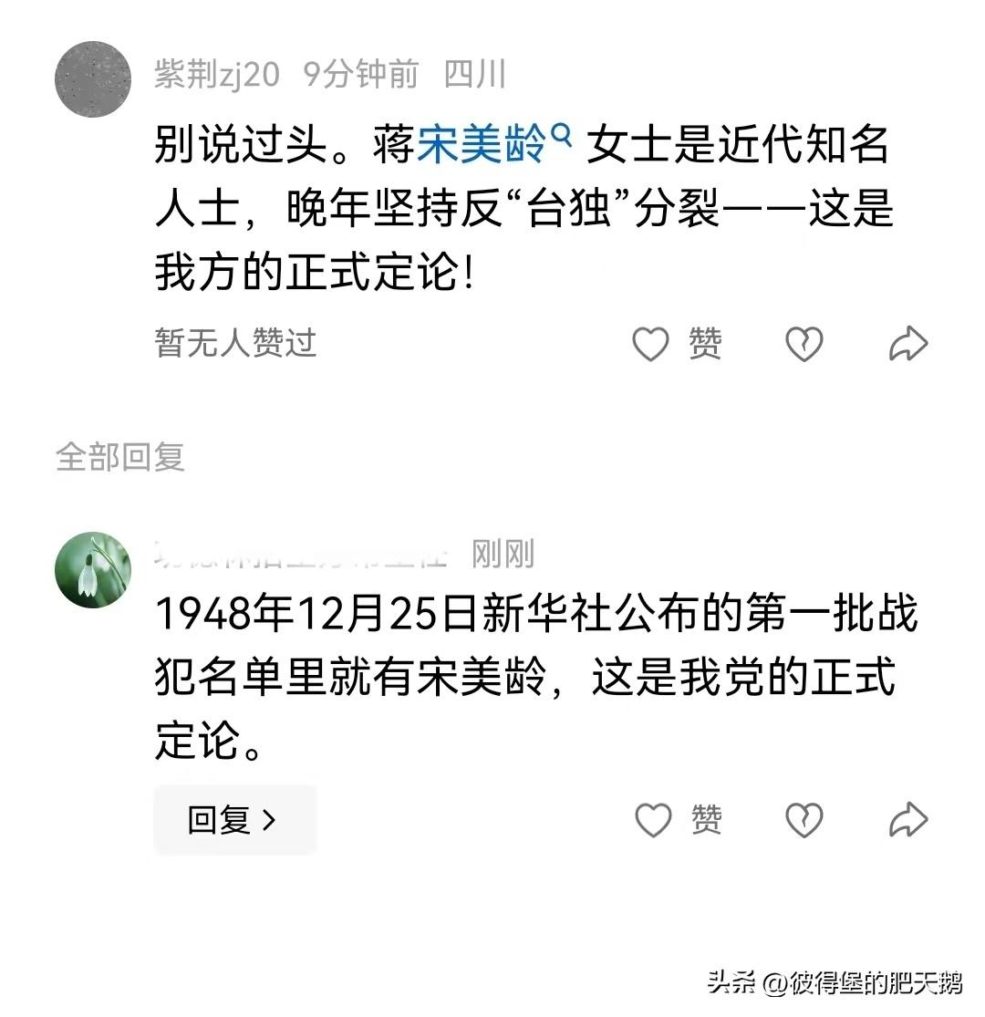 宋美龄反台独又不代表她支持新中国啊，何况她还教唆美国用原子弹炸中国大陆呢。

这