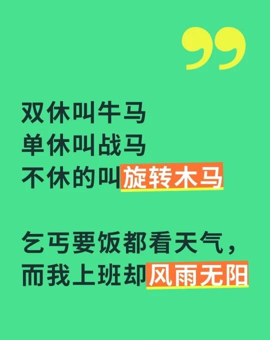 台风桦加沙上班的旋转木马
双休叫牛马
单休叫战马
不休的叫旋转木马
乞丐要饭都看