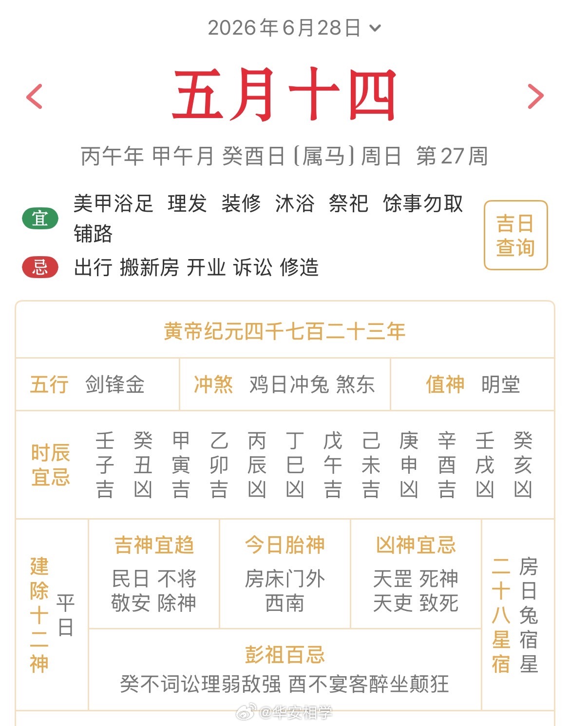十二生肖每日简运 仅供参考2026.6.28丙午年甲午月癸酉日癸酉天克地冲丁卯：