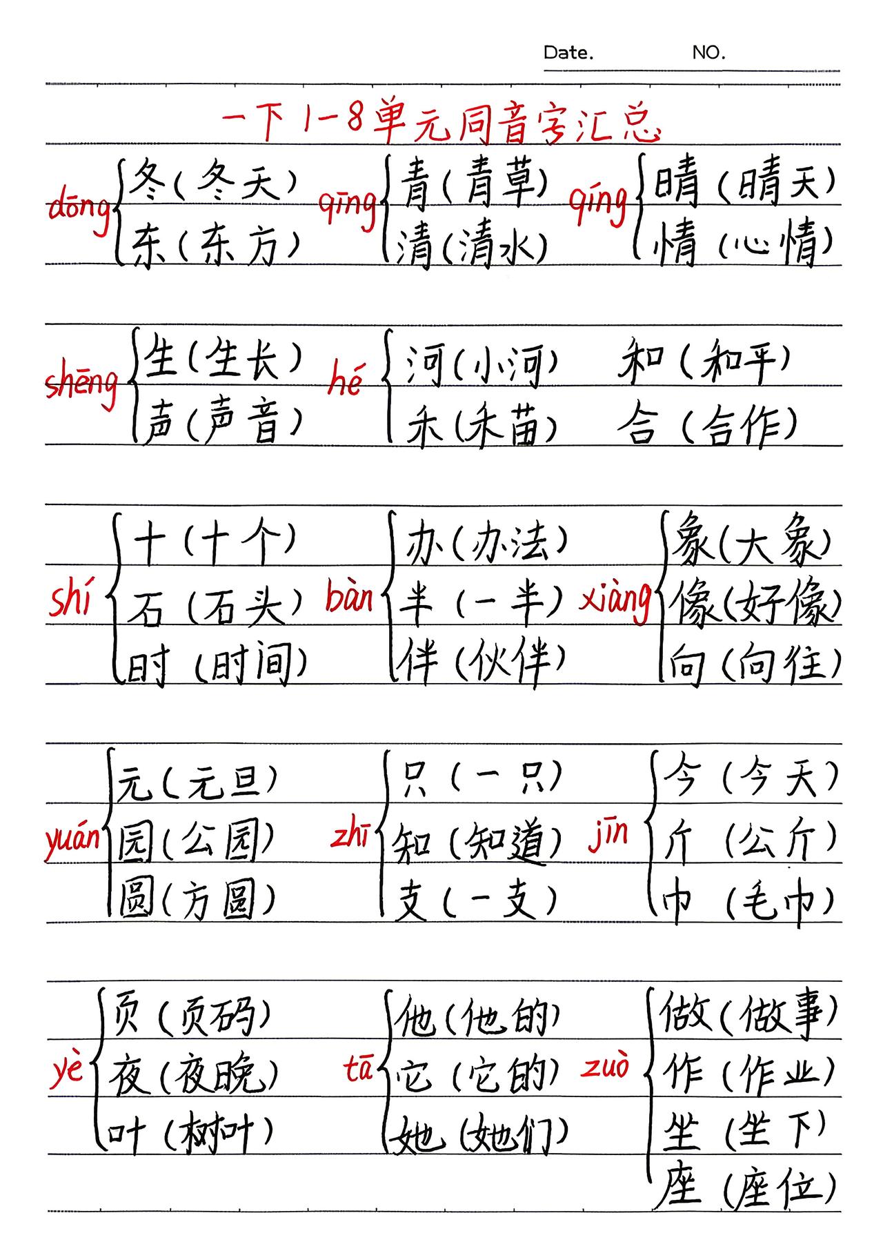 一年级下册语文期末复习，全册同音字汇总，收藏备用