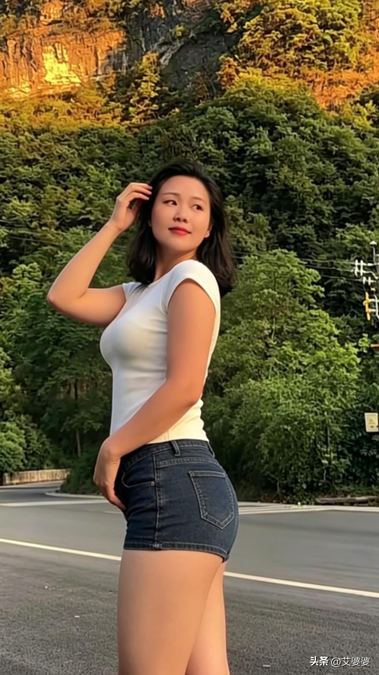 家门口的美景总是藏着无尽惊喜，就像那暖光铺满陡峭山崖，漫山绿树浸在温柔暮色里的日