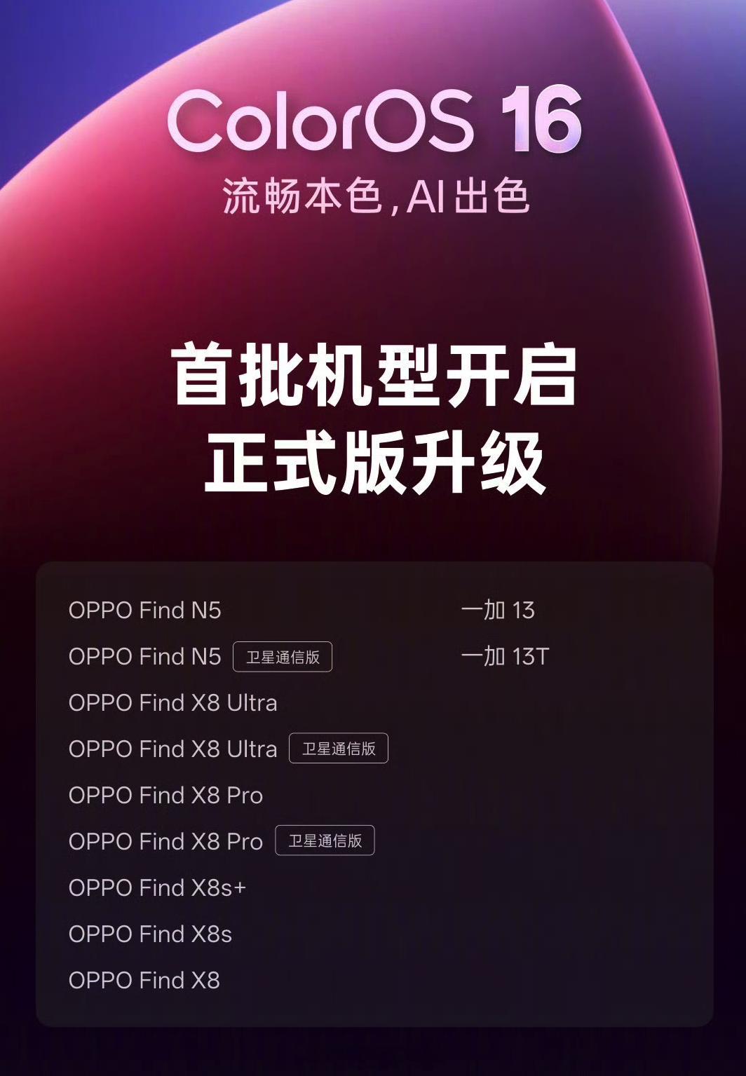 ColorOS16 开启首批机型的正式版升级了。覆盖了 Find X8 系列、F