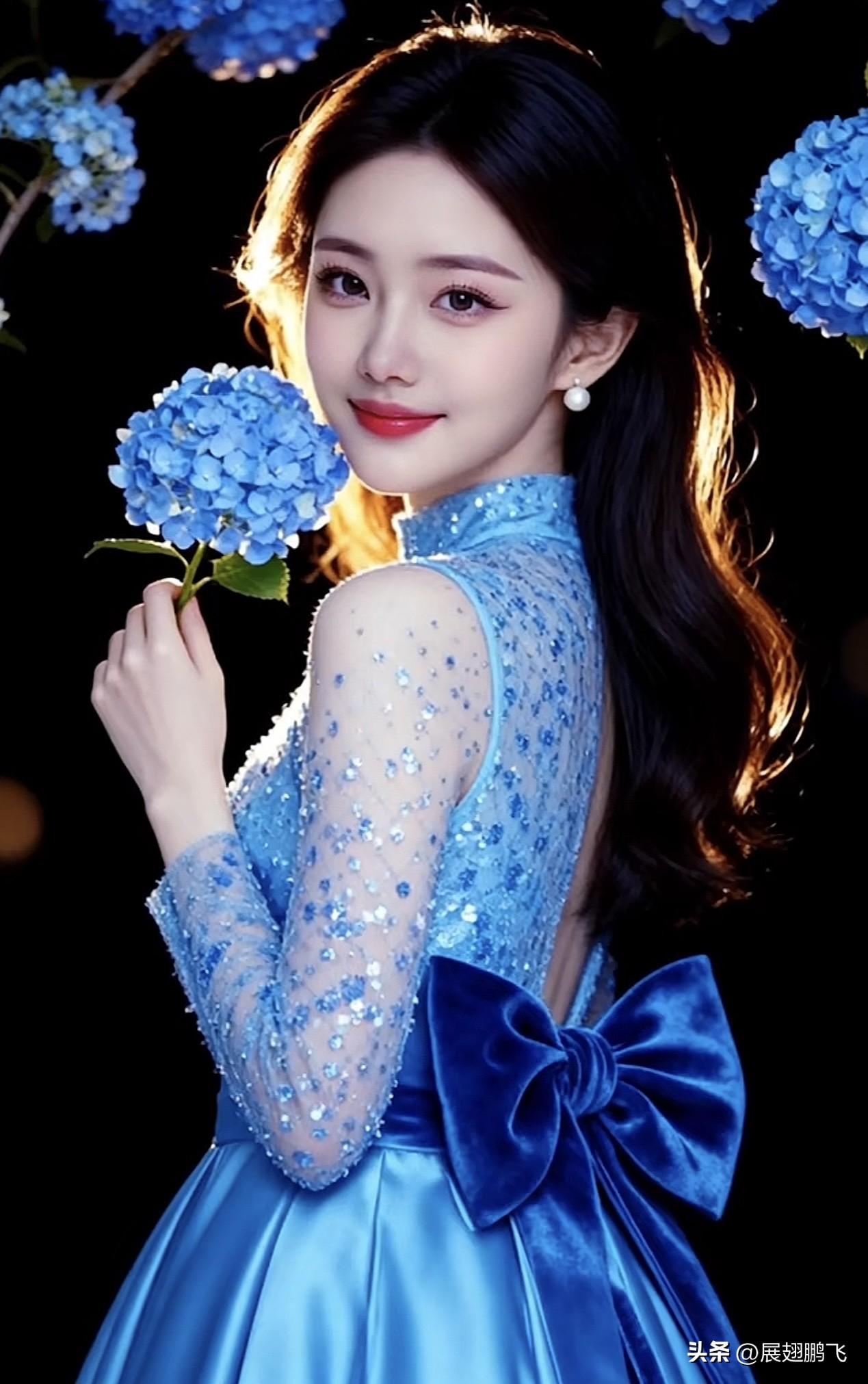 梦幻蓝裙少女，手捧蓝花，微笑如花淡雅蓝裙照 梦幻蓝裙造型 蓝衬衫少女 梦幻蓝裙造