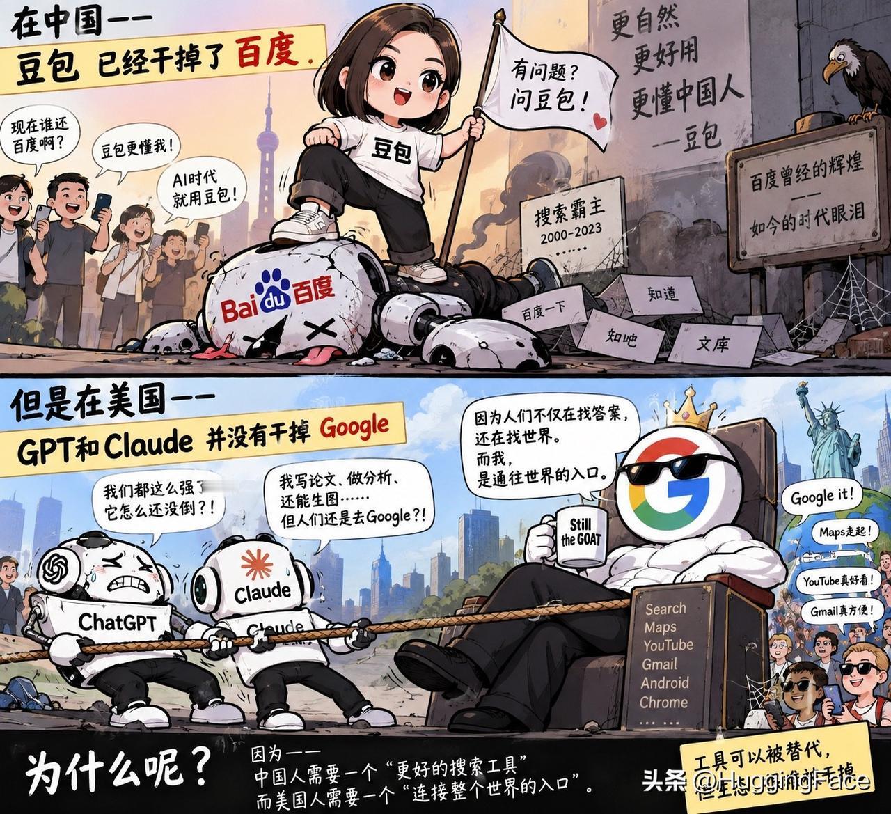 冷知识：

在中国——豆包 已经干掉了 百度 

但是在美国，

GPT和Cla