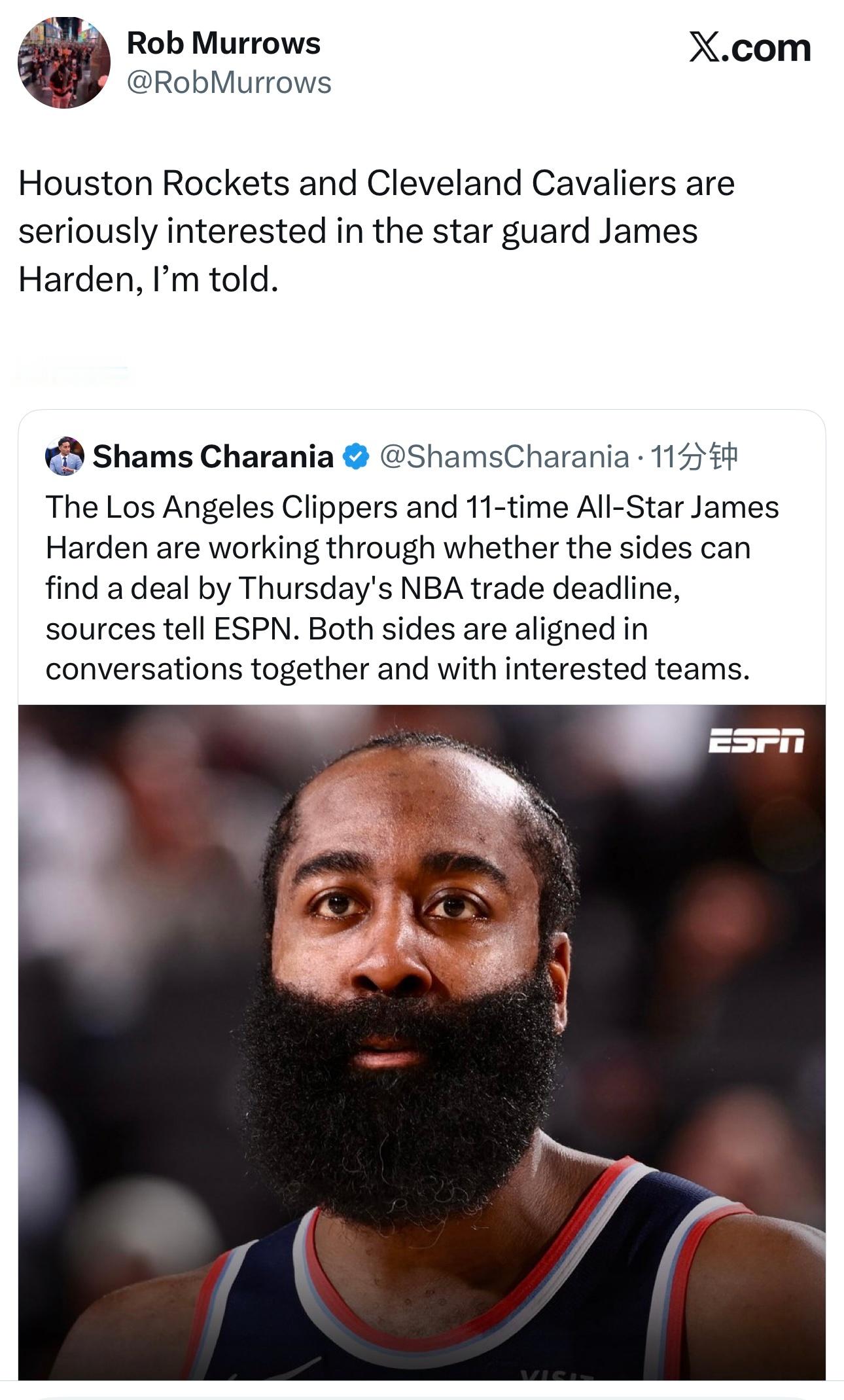 Rob Murrows：我听说，火箭和骑士是认真考虑交易哈登的球队。 