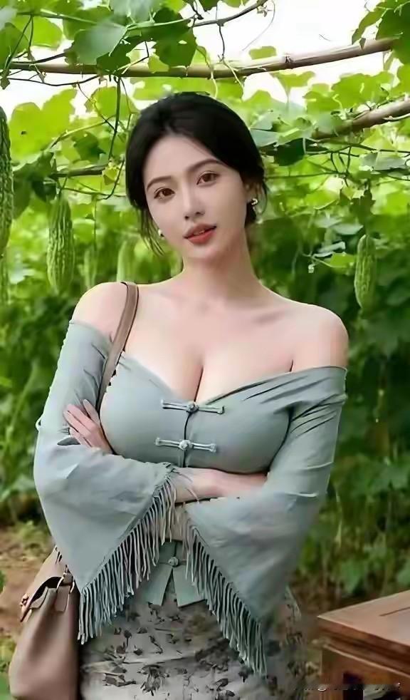 《苦瓜下的幽会》

佳人静立苦瓜旁，
约会情郎意韵长。
蝶影衣装添雅趣，
酥胸半