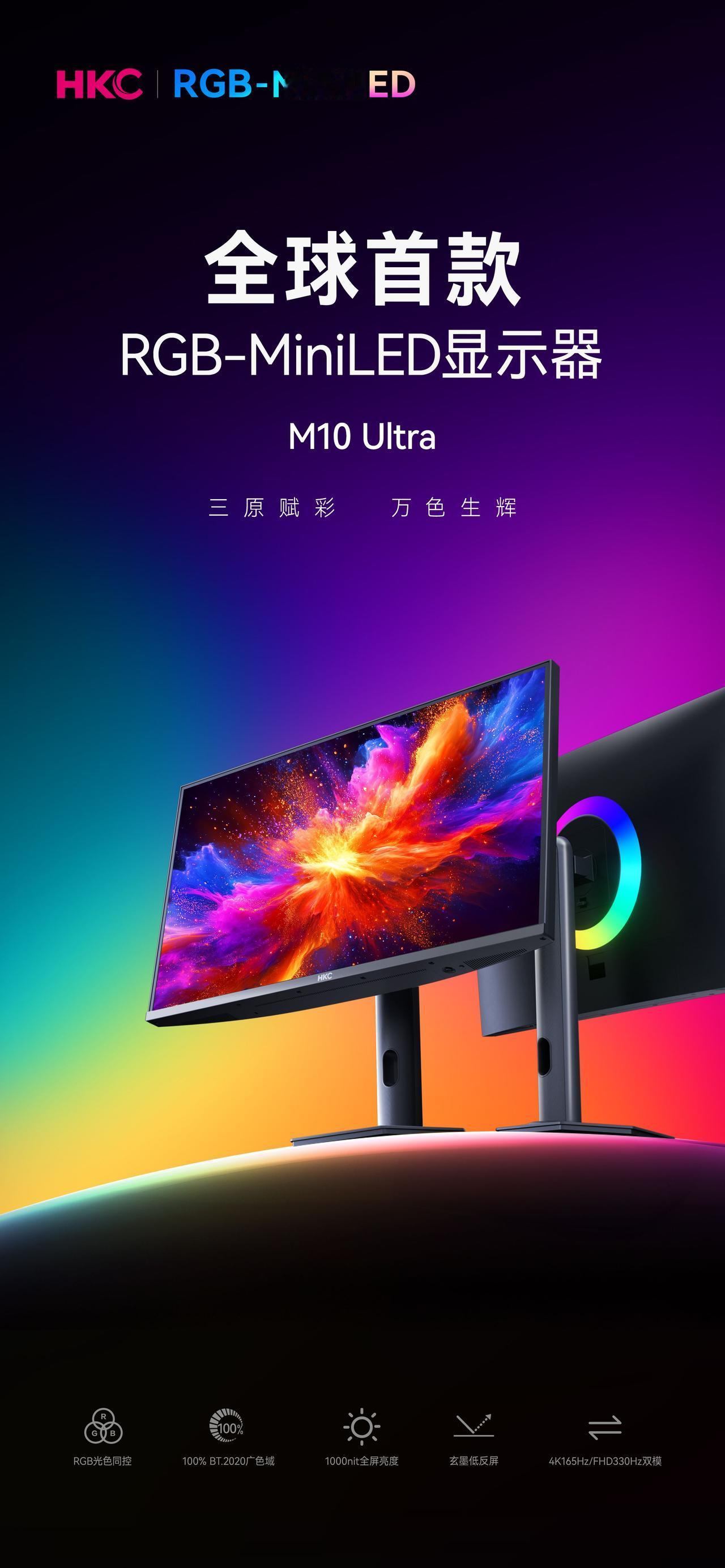 显示圈终于要变天了，HKC今天官宣首发全球首款RGB-MiniLED显示器M10