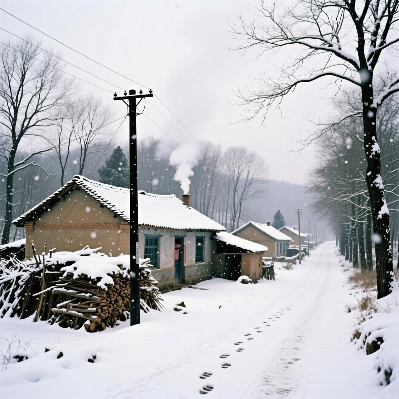 人生皆荒径,何处是归途? 雪中村舍静，寒烟入画来。