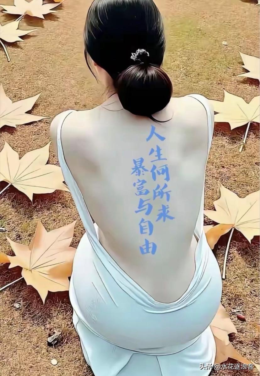 刷到这张图，满地黄叶，女孩席地而坐，背影上一行蓝字扎眼又戳心——“人生何所求，暴