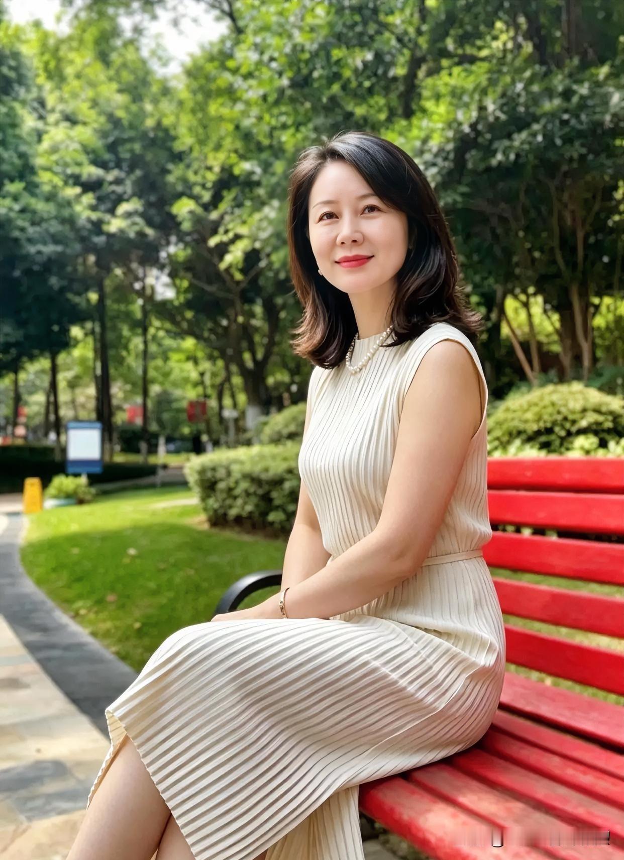 米白褶皱裙配珍珠项链，端坐红椅，绿荫环绕，温婉从容，诠释岁月沉淀的优雅之美。